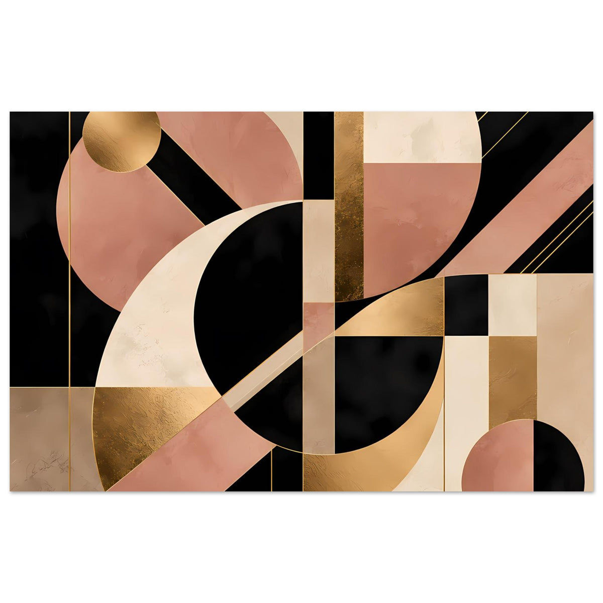 Abstraktes Art-Deco-Poster mit Kreisen, Rauten und goldenen Akzenten in Schwarz, Blush und Beige.