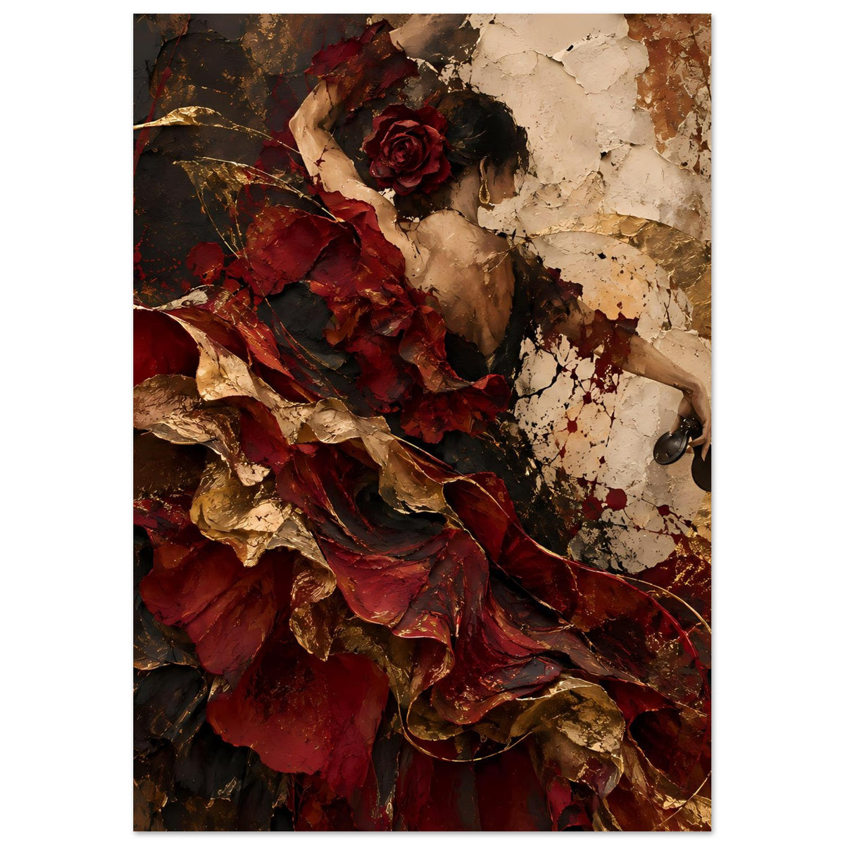 Wandkunst-Poster: weibliche Figur mit roter Rose, rote Drapierung, goldbraune und dunkle Schichtoptik