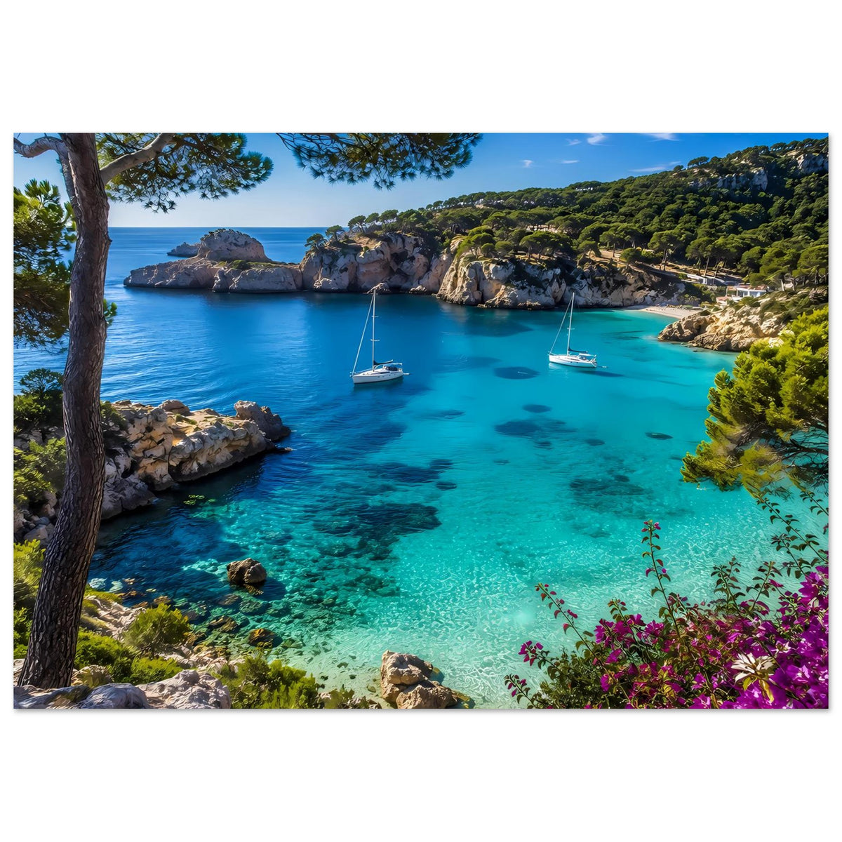 Gedrucktes Poster im Querformat mit türkisblauem Meer, Felsen, Segelbooten und pinken Blumen.