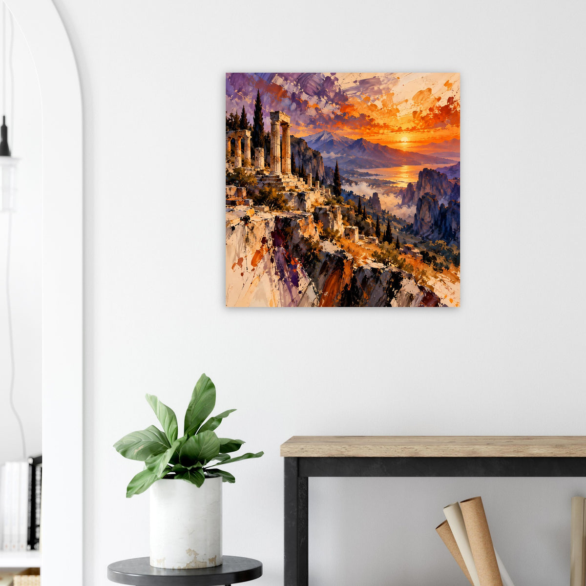 Matte Poster mit Sonnenuntergang über antiken Ruinen zwischen Felsen und Bergen.