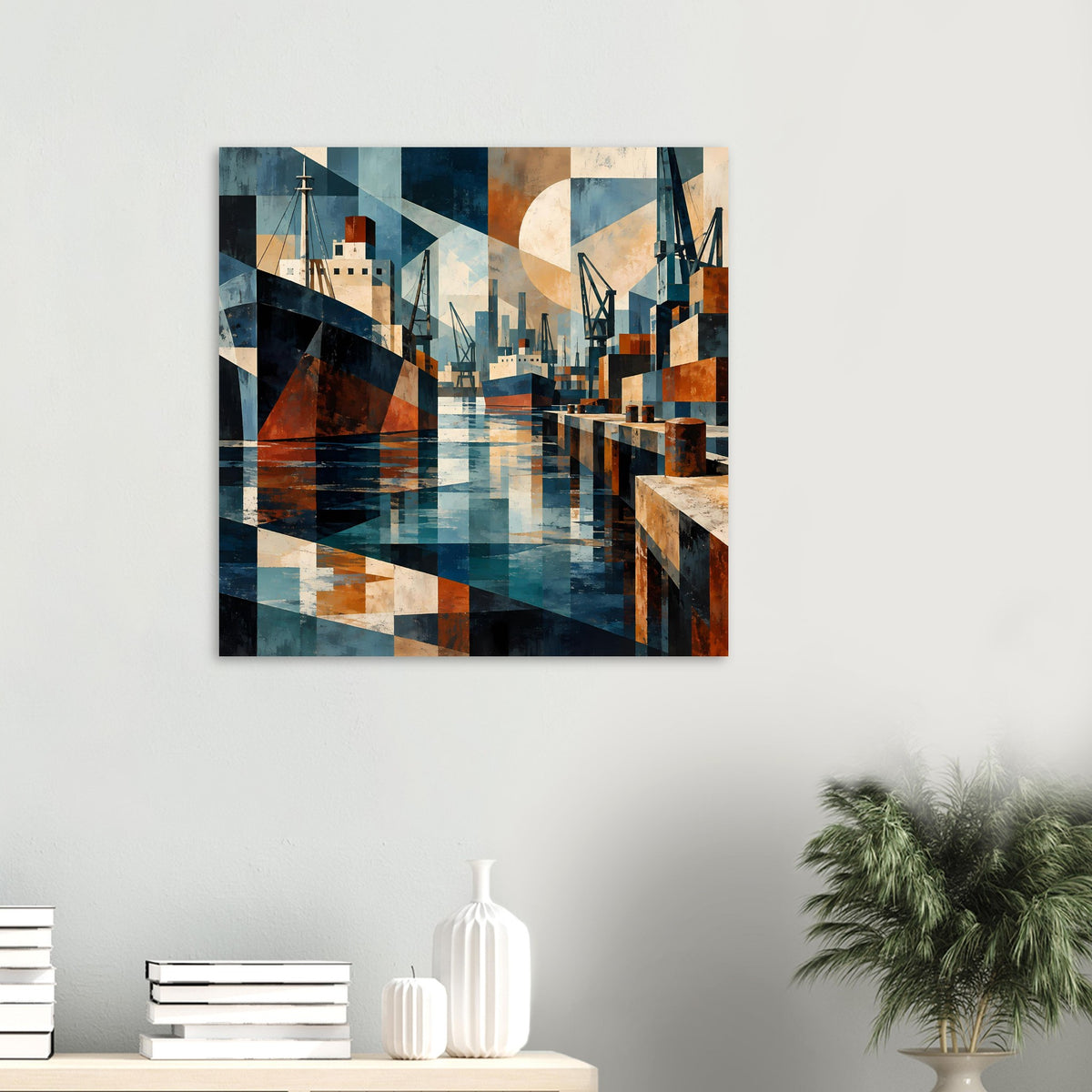 Hafen-Poster mit abstrakter Hafenlandschaft, Schiffe und Kräne, Blau und Erdtöne, klein