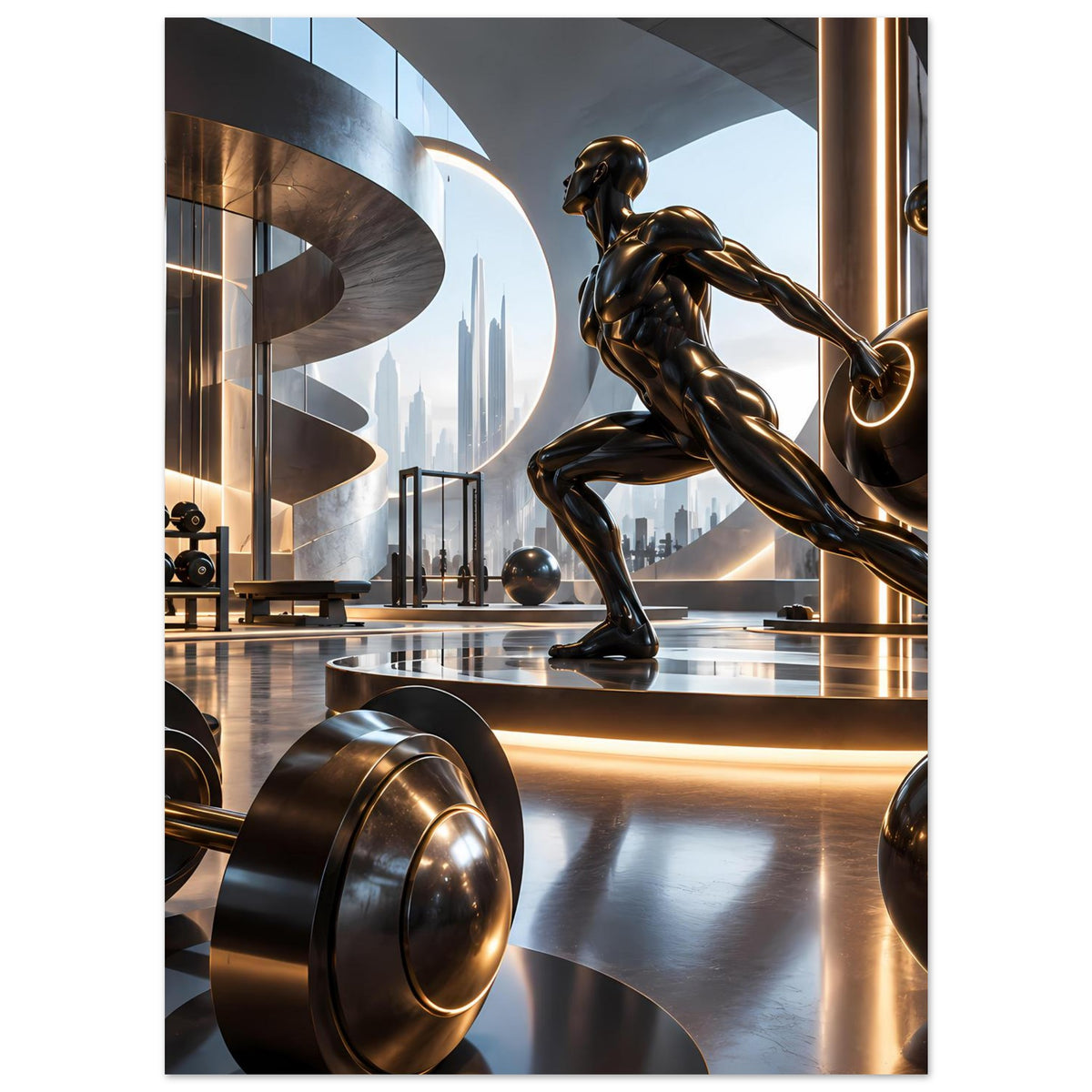 Poster mit bronzener Fitnessstatue und Hantelscheiben, futuristischer Trainingsraum, senkrecht