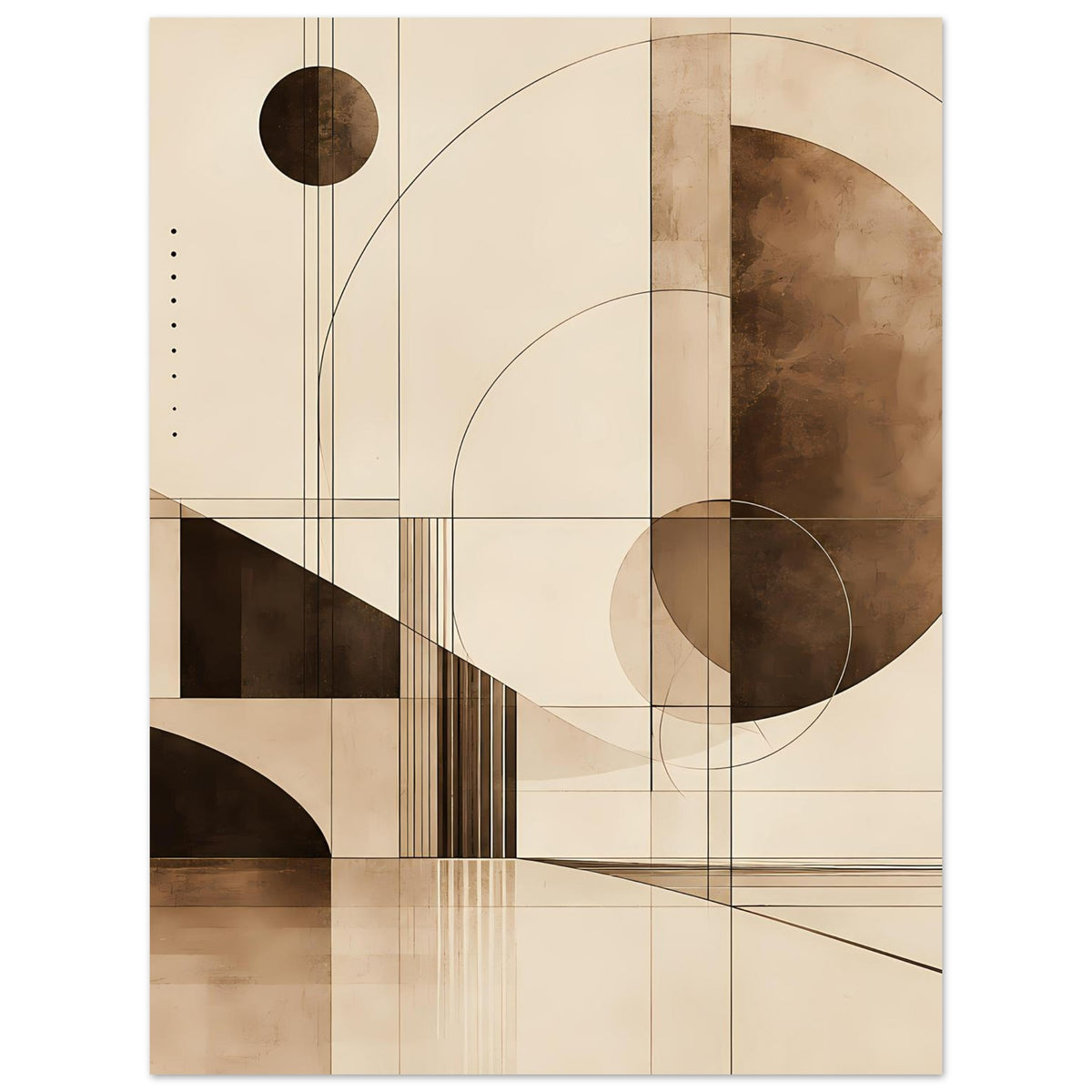 Bauhaus-Artprint mit rundem Element oben links, geschwungenen Linien und Sepia-Flächen