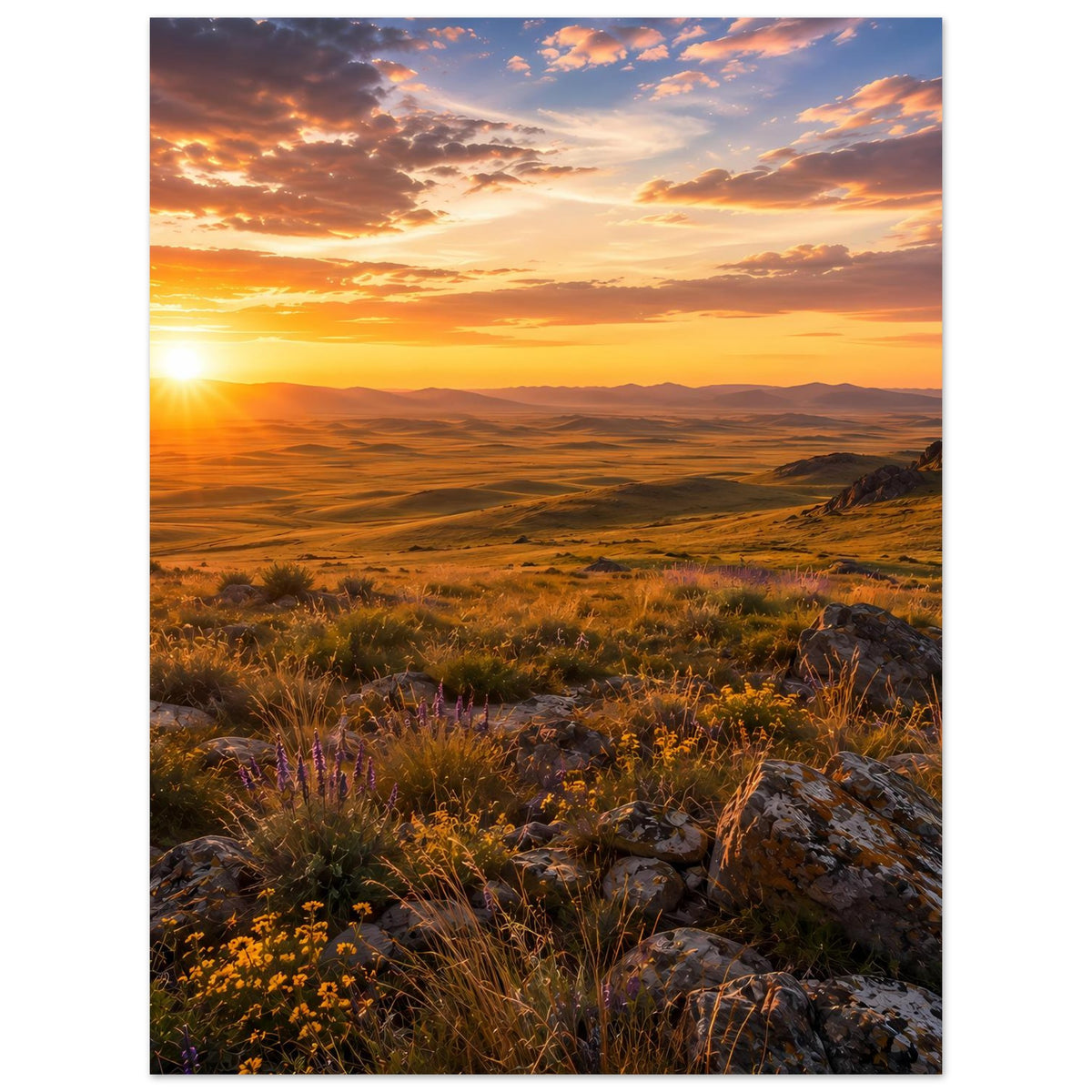 Naturposter im Hochformat: Sonne links, Abendhimmel über Wiese und Hügeln