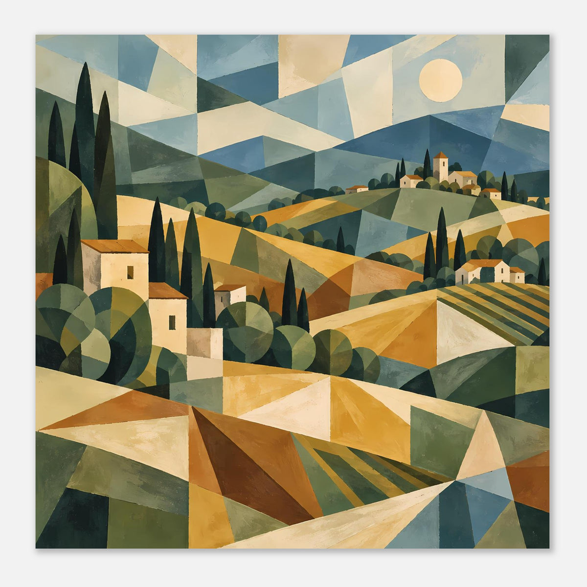 Quadratisches Geometrie-Poster: Toskana-Landschaft mit Hügeln, Zypressen, Häusern und warmen Farben.