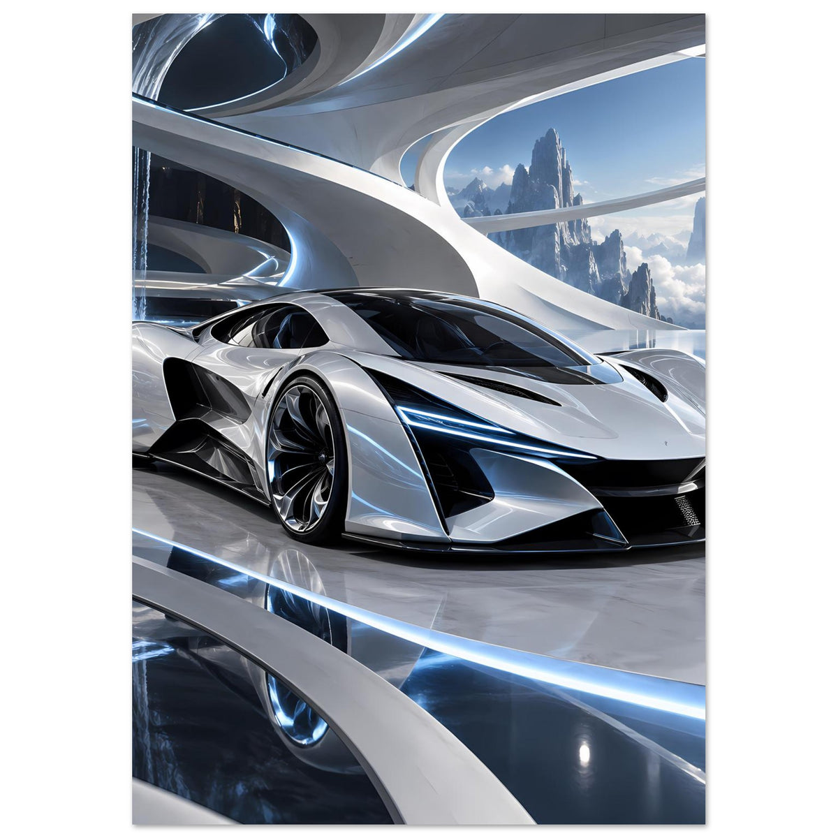 Futuristisches Auto-Poster: silberner Supersportwagen mit schwarzen Streifen und blauem Leuchten