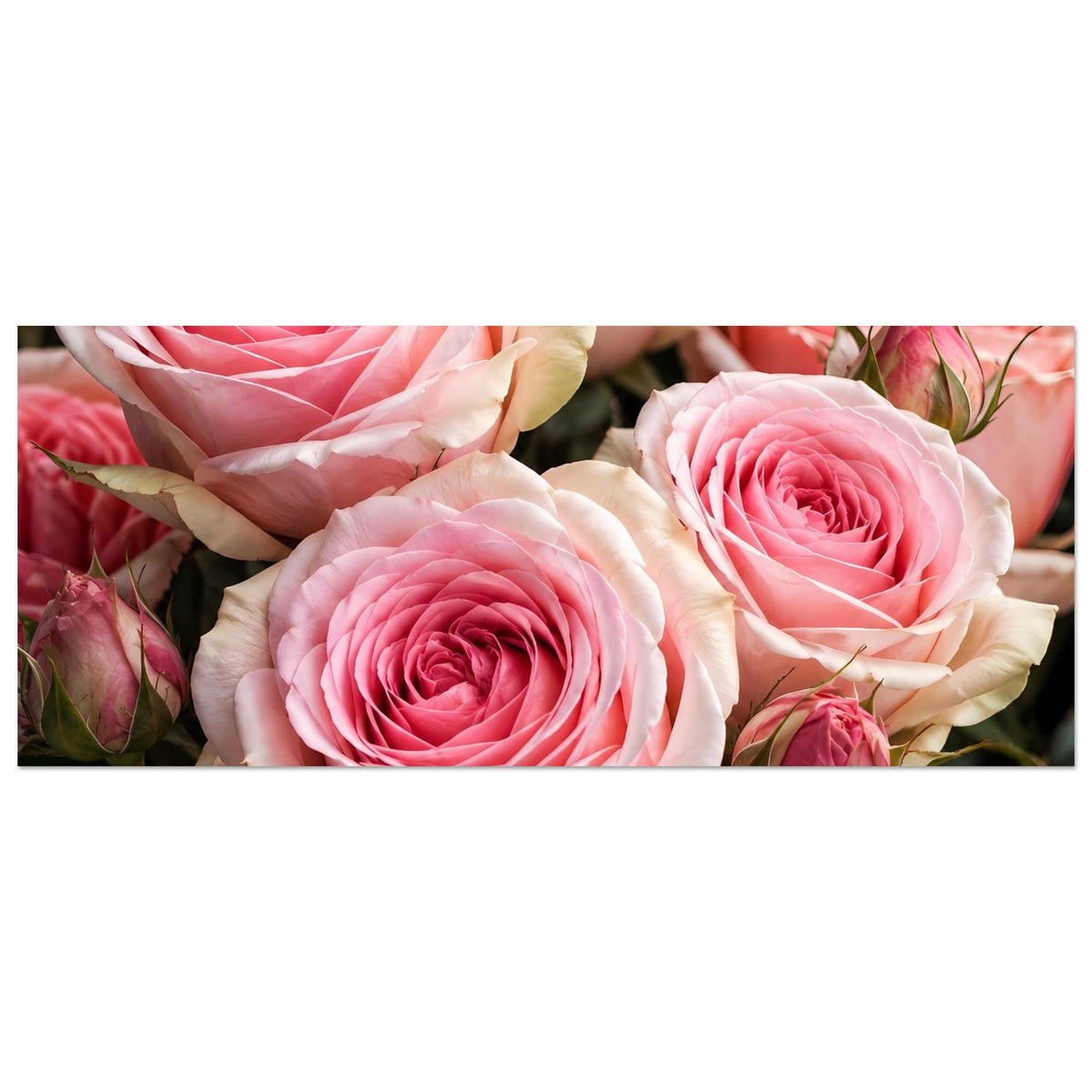 Querformat-Poster mit rosa-weißen Rosenblüten und Knospen