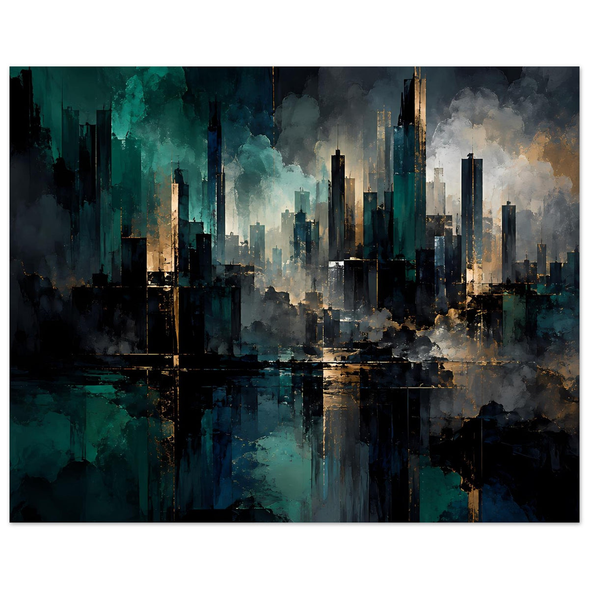Abstraktes Skyline-Stadtposter im Querformat, dunkle Türme, türkis-blaue Farbverläufe und Spiegelung