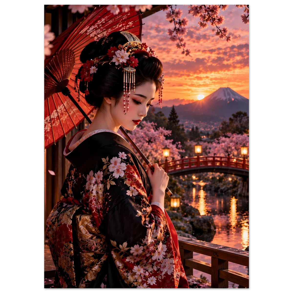 Poster mit japanischer Frau im schwarzen Kimono mit Blumenmuster, rotem Schirm im Profil