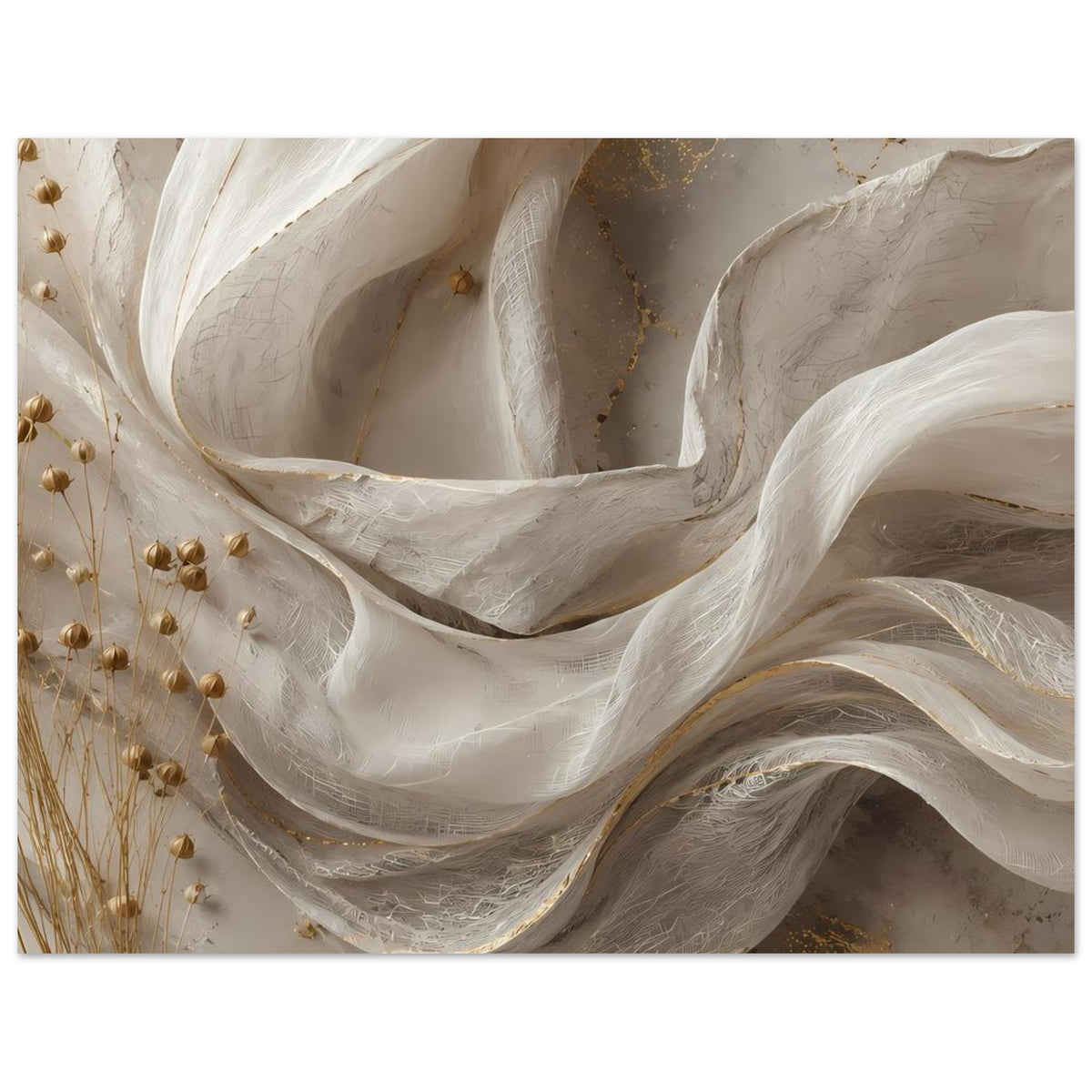 Breites Abstraktposter: cremefarbene Wellen, goldene Linien und glitzernde Details am Rand