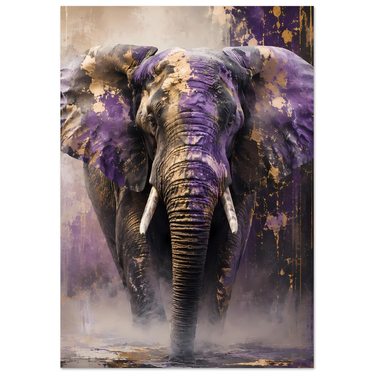 Abstraktes Elefantenposter: Elefant im Hochformat mit violetten Farbspritzern und goldenen Akzenten