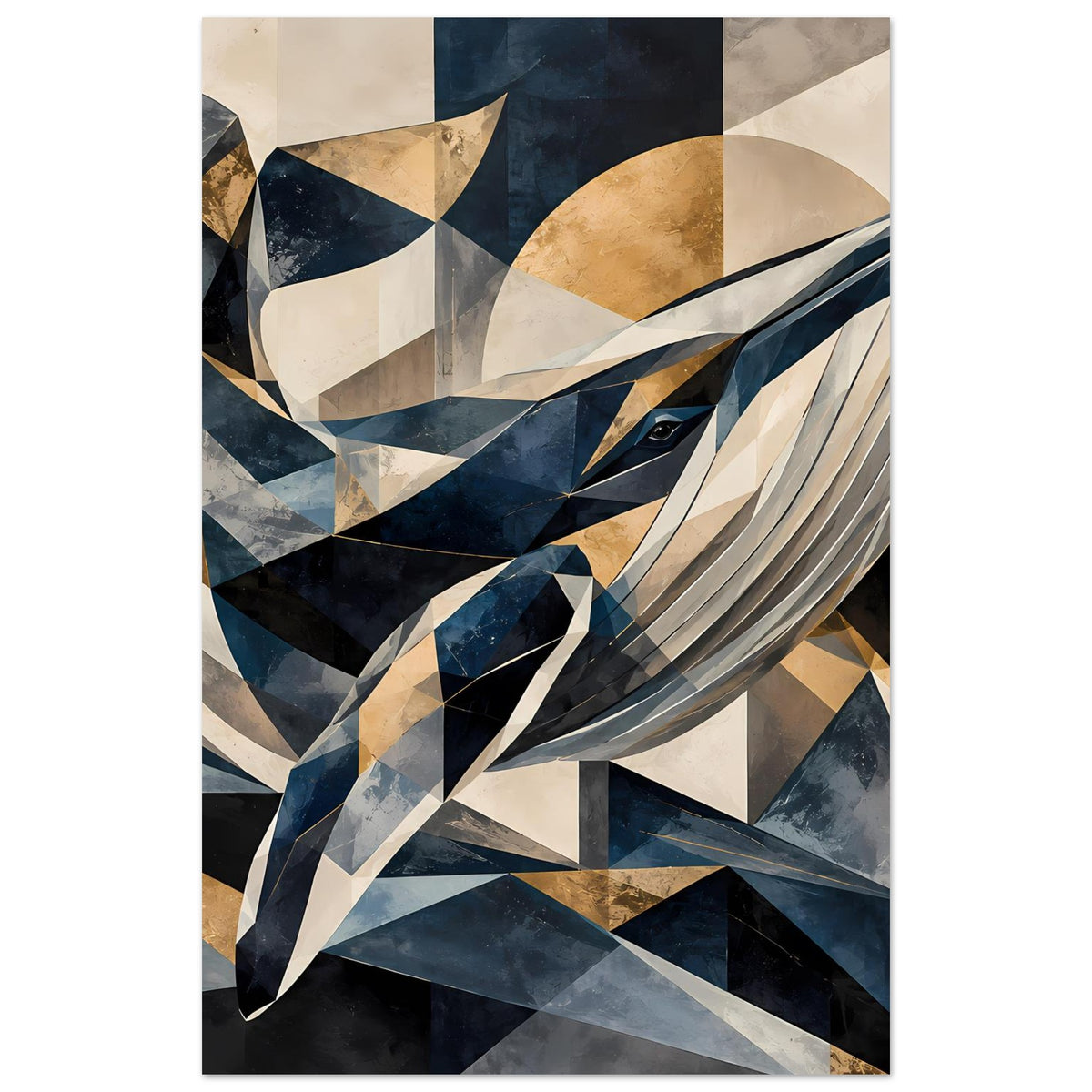 Geometrisches Wal-Poster in Blau-, Gold- und Creme-Tönen, vertikales Format