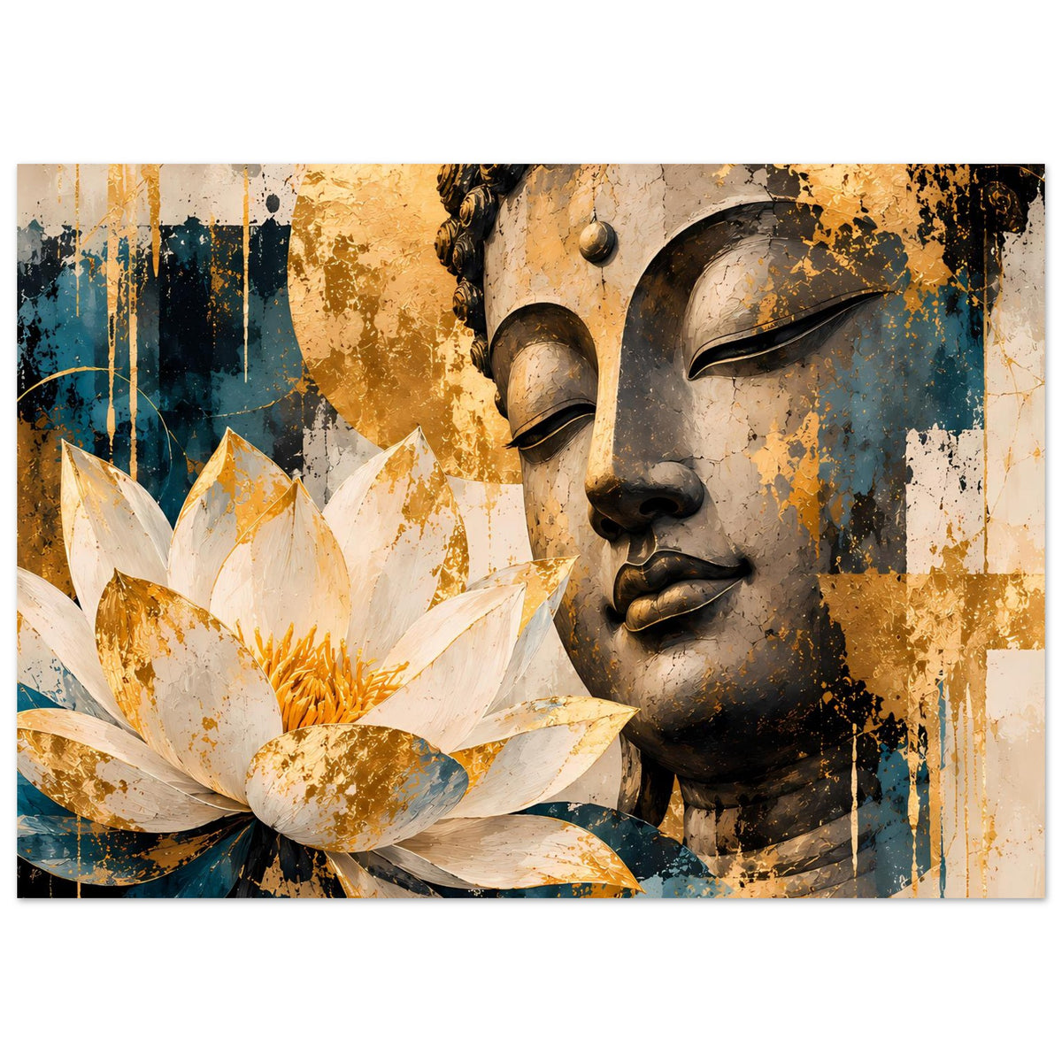 Horizontales Kunstposter: Buddha im Nahbereich mit weißer Lotusblüte, gold- und tealfarben.