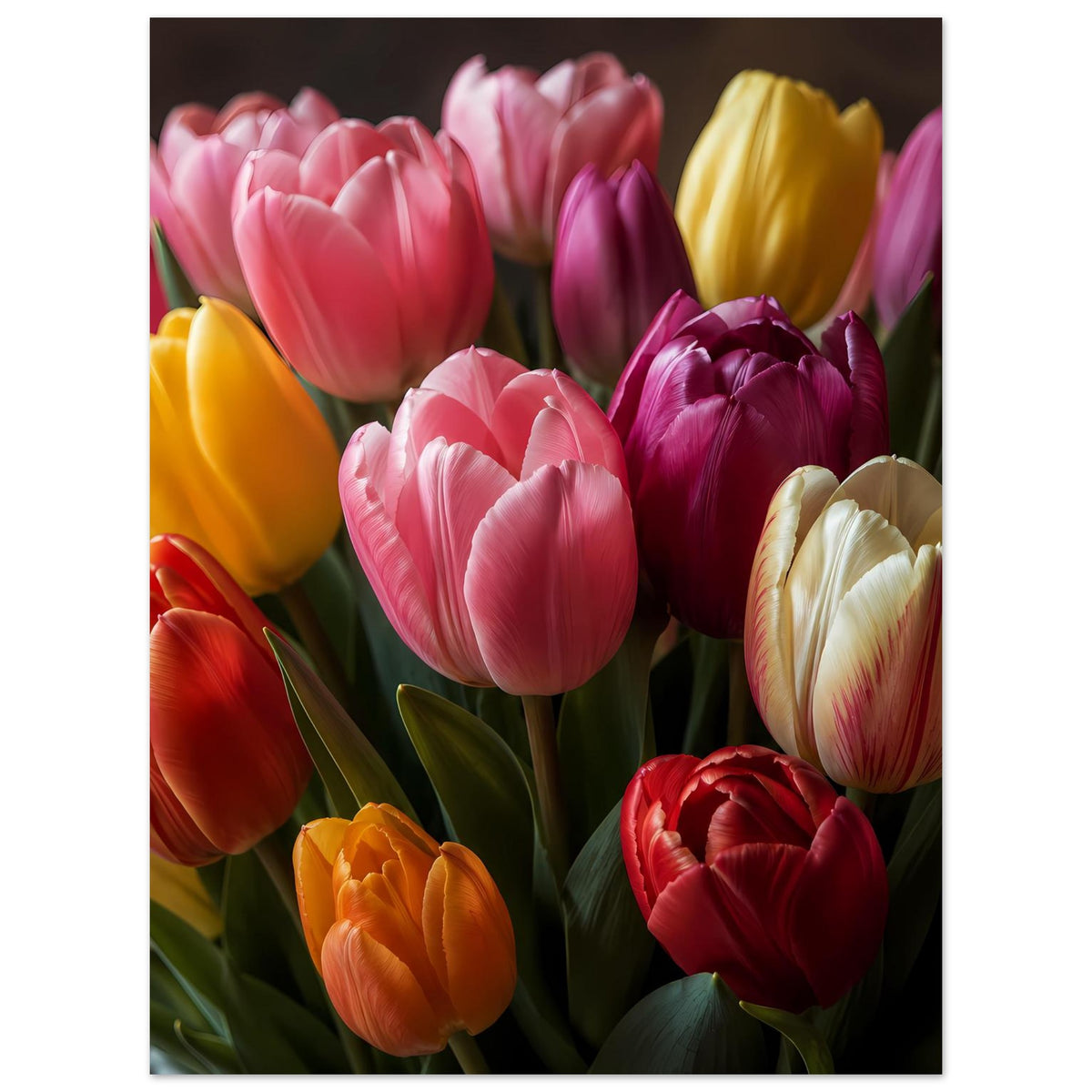 Tulpenstrauß-Poster im Hochformat mit rosa Tulpen, violetten Blüten und gelb-roten Akzenten