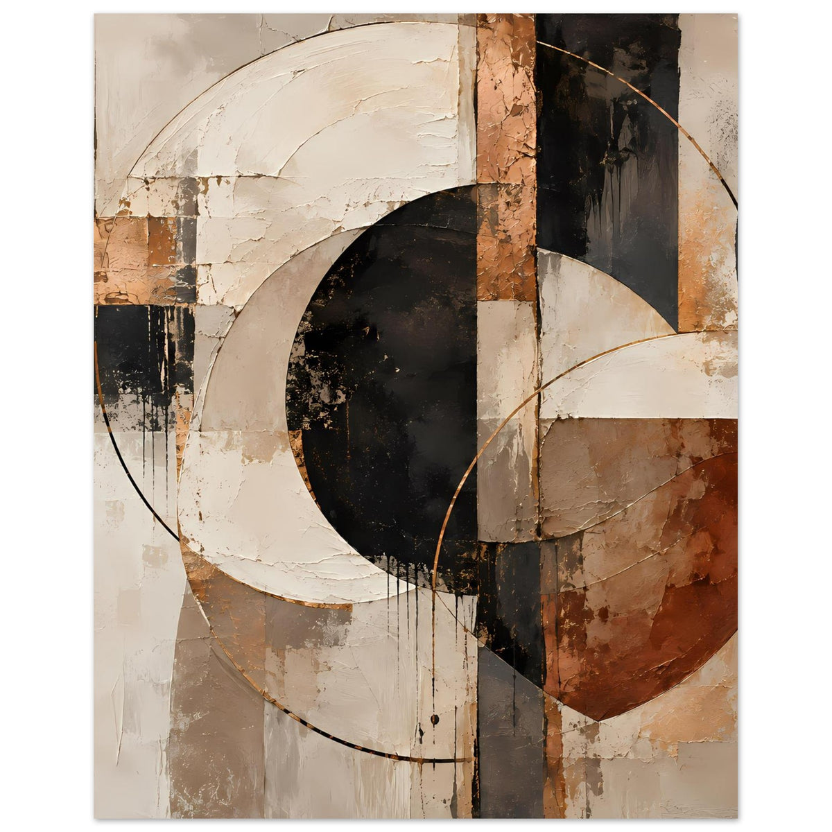 Hochformatiger Kunstdruck mit ovalem schwarzen Motiv, erdigen Braunen, Beigen und weißen Linien