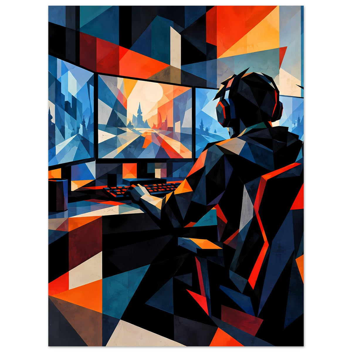 Gaming-Poster mit Gamer am Bildschirm, geometrische Muster in Blau-Orange