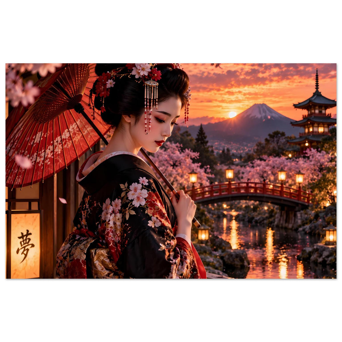 Japanisches Kimono-Poster: Frau im dunklen Kimono mit Kirschblüten, rotem Fächer