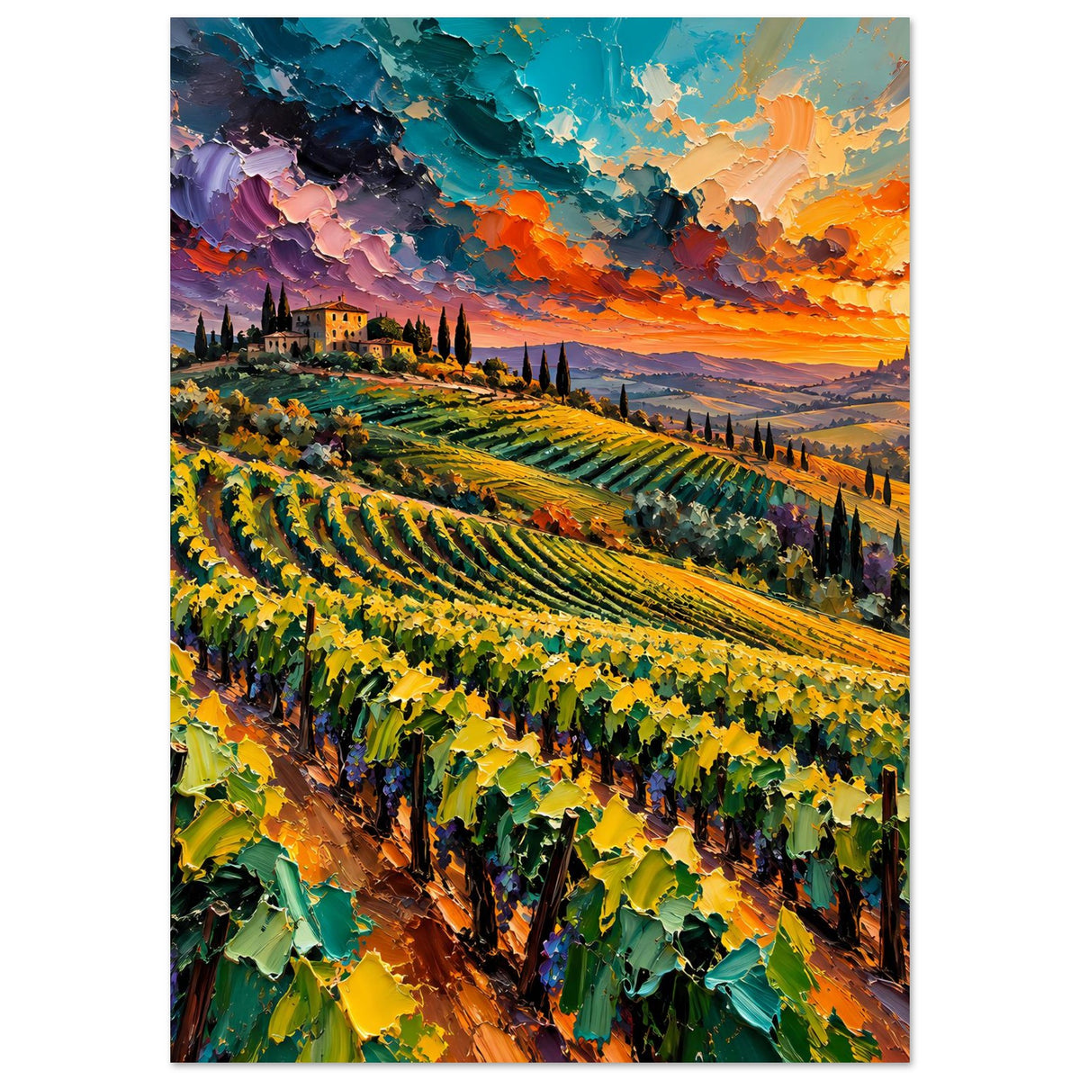 Landschaftsposter im Hochformat mit nahen Weinreben und orangefarbenem Sonnenuntergang