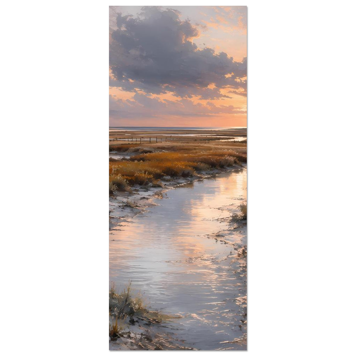Vertikales Poster mit Wasserlauf durch Sanddünen und Leuchtturm am Horizont bei Sonnenuntergang