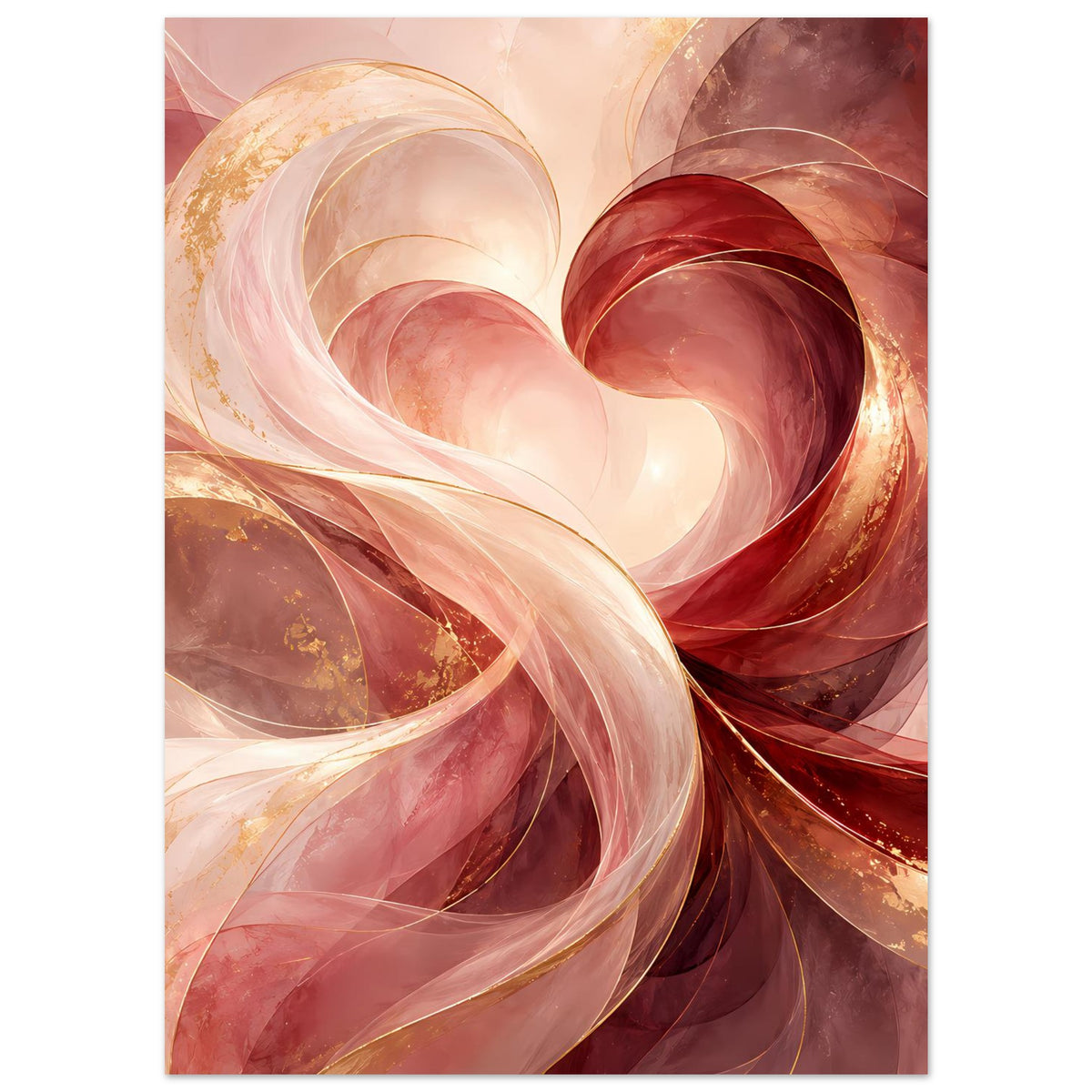 Poster mit abstraktem Herzmotiv in Rot-, Rosa- und Goldtönen, hochformat