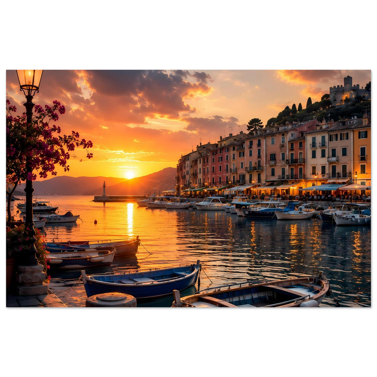 Hafenposter mit Sonnenuntergang, Booten am Wasser und warmem Licht