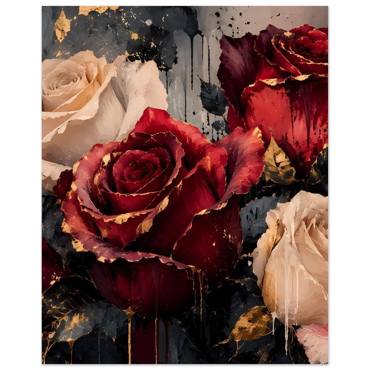 Kunstposter mit großen bordeauxroten Rosen und cremefarbenen Rosen, Goldakzenten