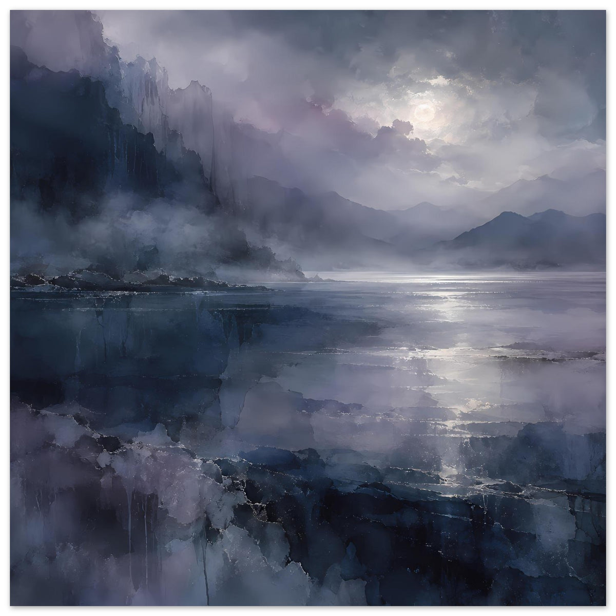 Horizontales Landschaftsposter: neblige Küste, dunkles Wasser, violettblauer Himmel und Berge