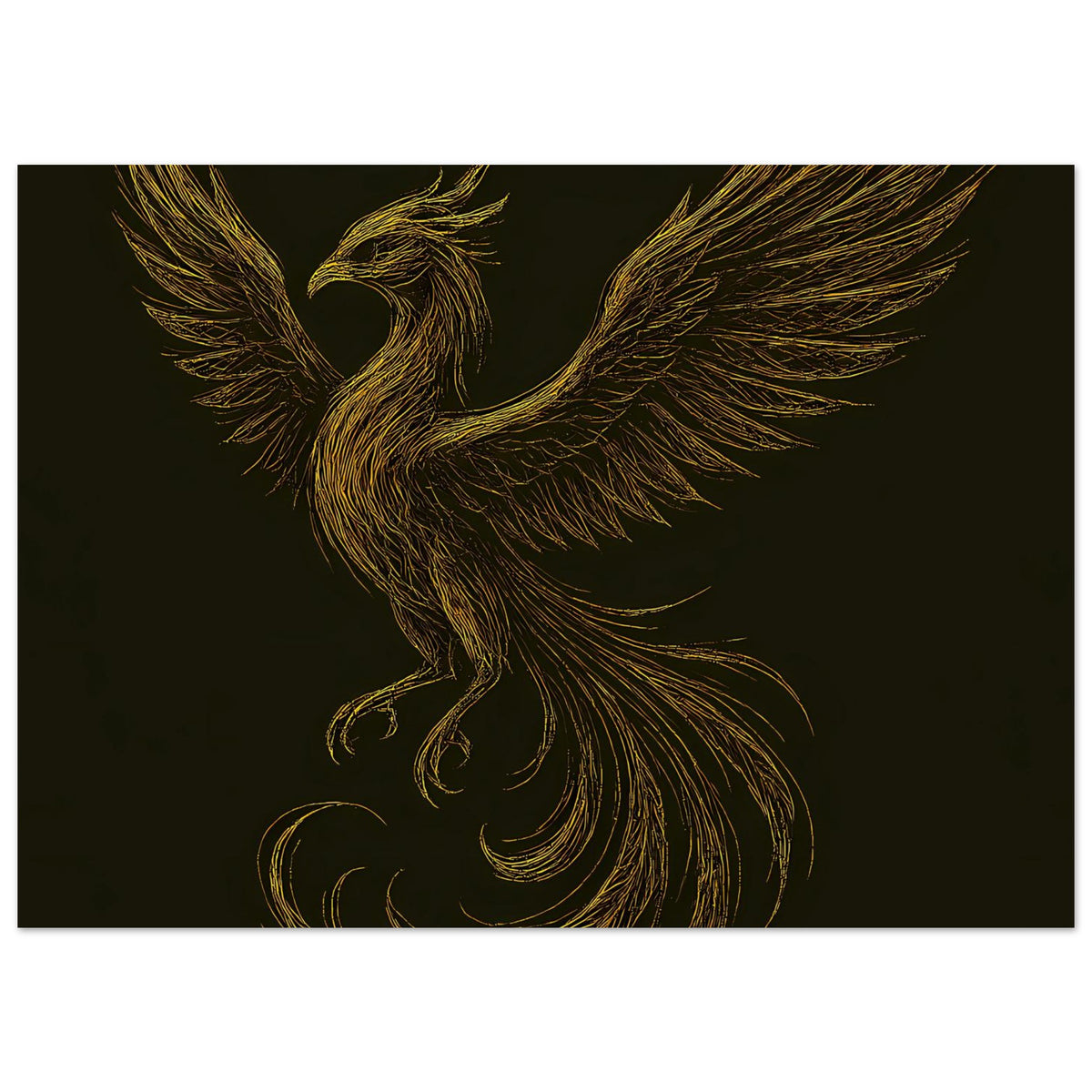 Poster mit goldener Phönix-Figur, ausgebreiteten Flügeln, zentriert auf dunklem Grund