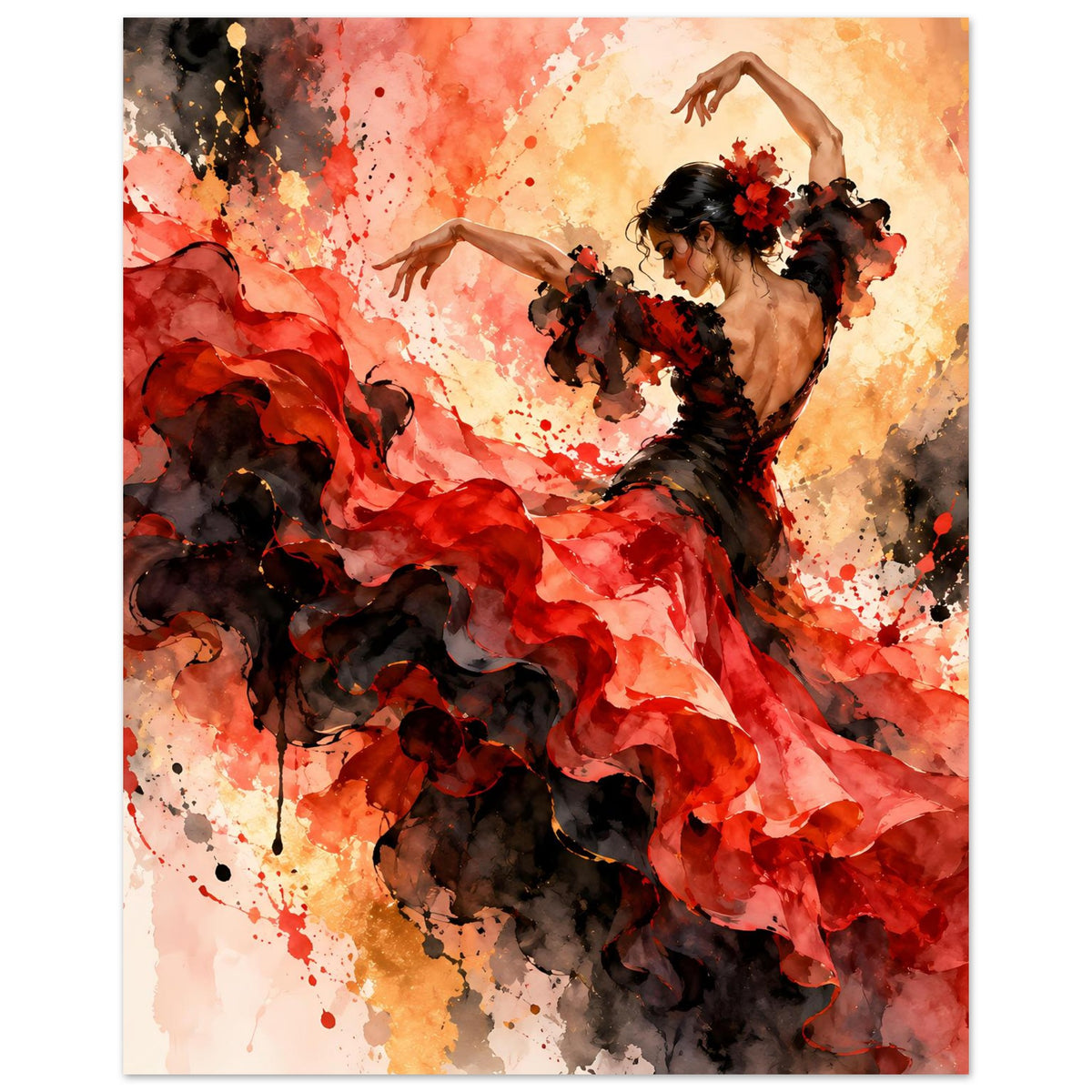 Tanzposter, vertikal: Flamenco-Tänzerin im roten Rock mit schwarzem Mantil, Armhaltung
