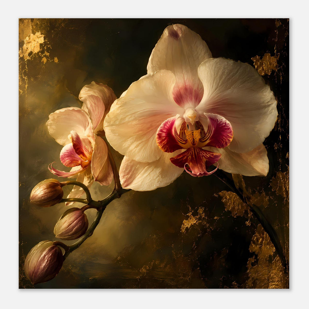 Orchideenposter: cremeweiße Orchideenblüte mit rosa Akzenten und seitlichen Knospen links