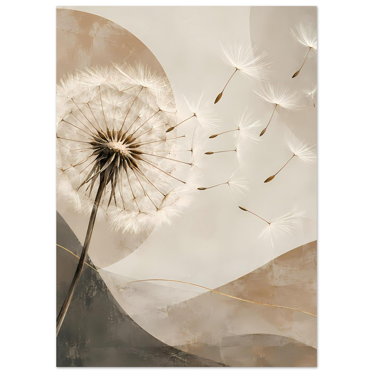 Wandposter mit Löwenzahn-Samenblüte und schwebenden Pusteblumen, beiges Grau, goldene Details