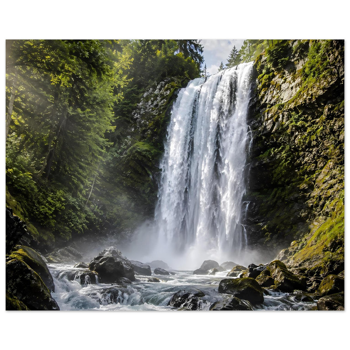 Wasserfall-Fotoposter mit breitem Blick auf Wasserfall, Wald und Felsufer