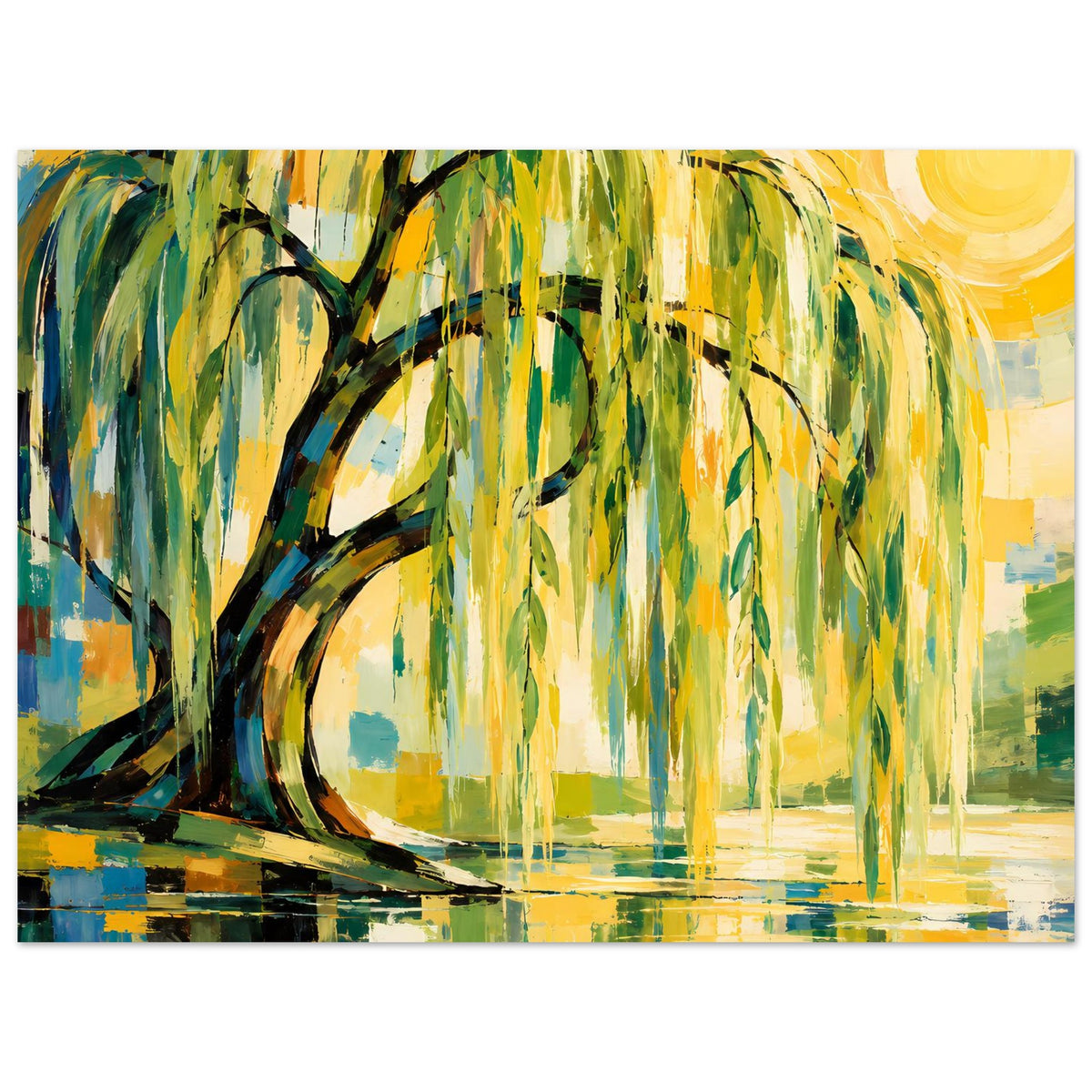 Querformat-Poster mit Weidenbaum, klaren Farben, goldenem Licht und Wasserspiegelung