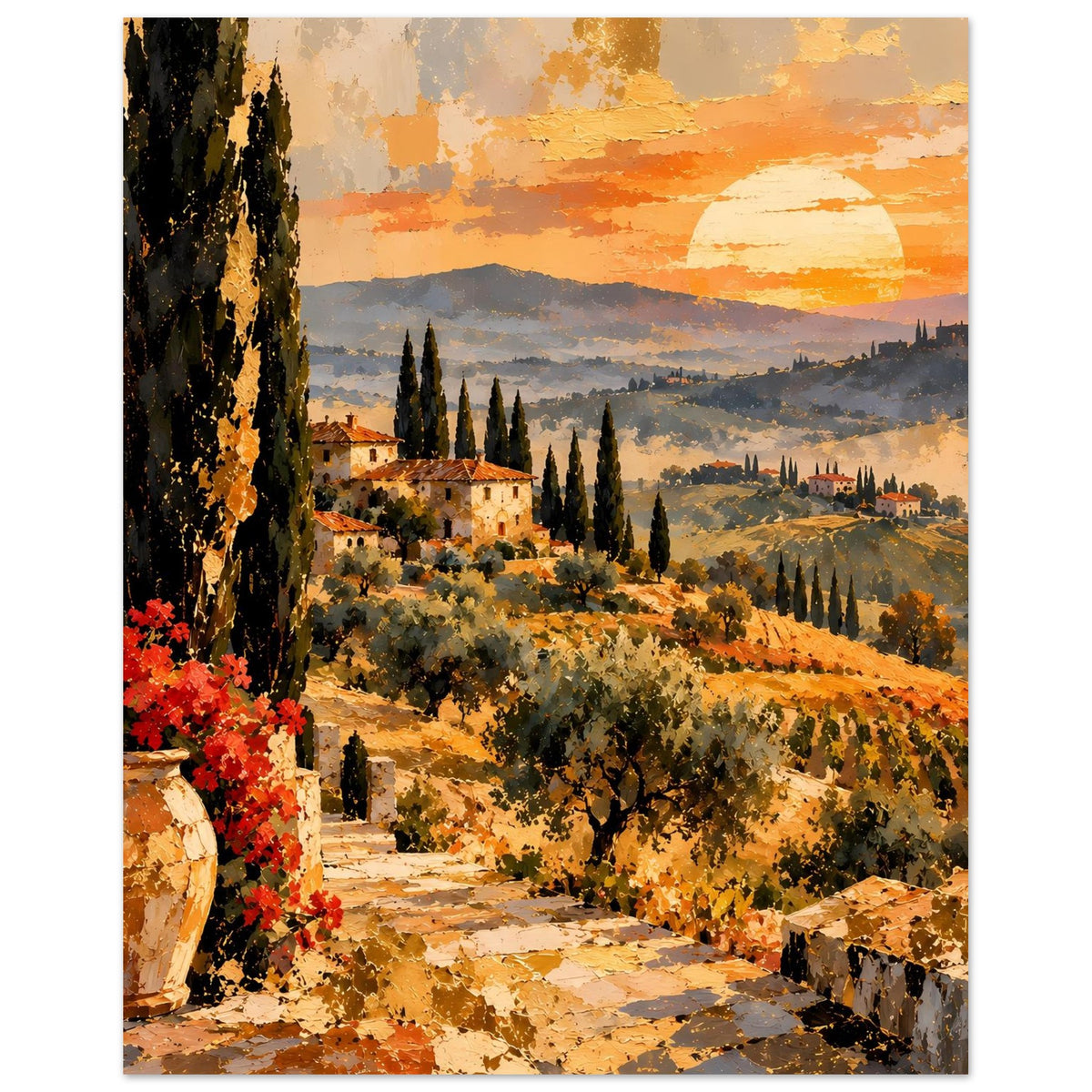 Poster mit toskanischen Hügeln, Zypressen, orangefarbenem Himmel und roten Blüten