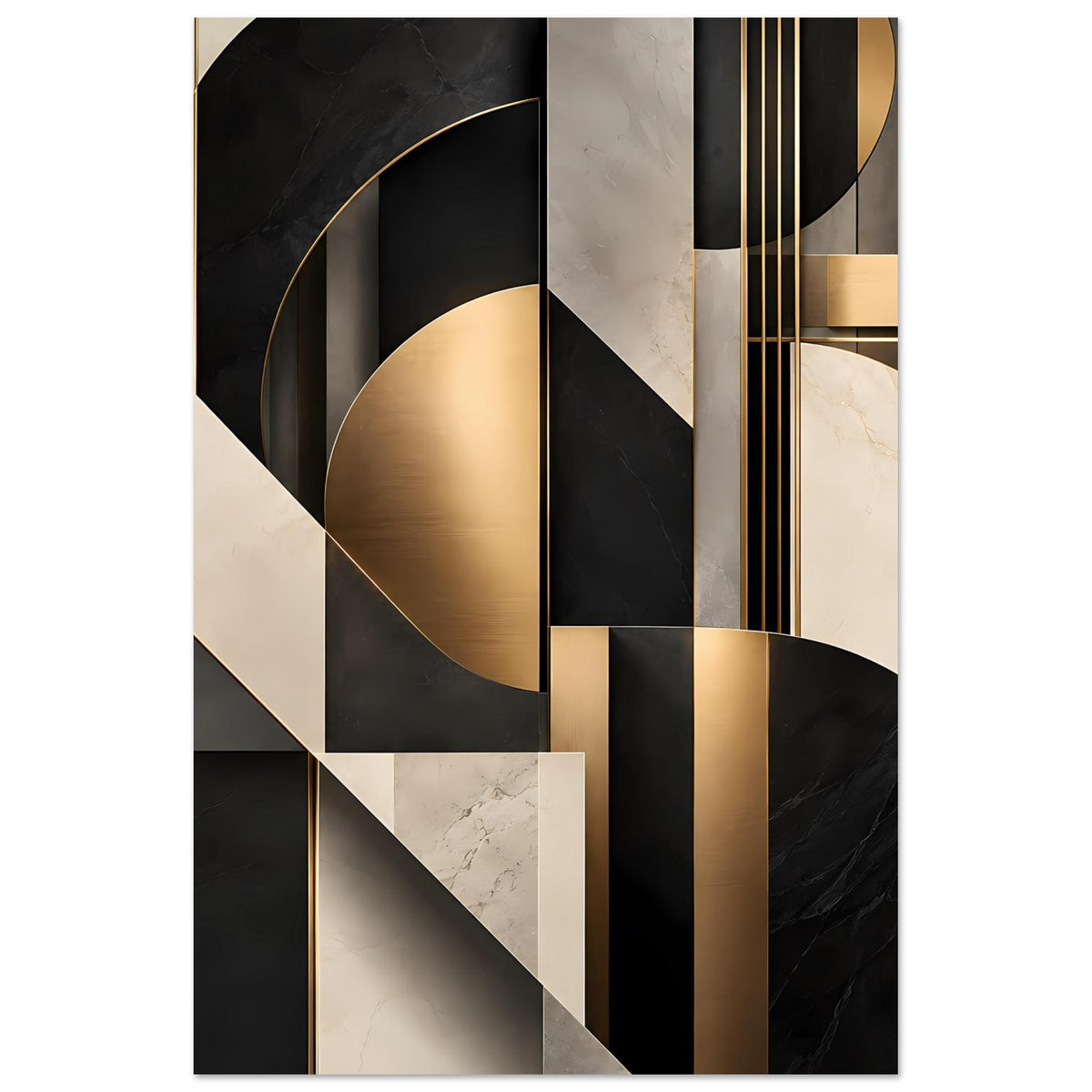 Geometrisches Kunstposter hochkant mit goldenen Kurven, schwarzem und weißem Marble