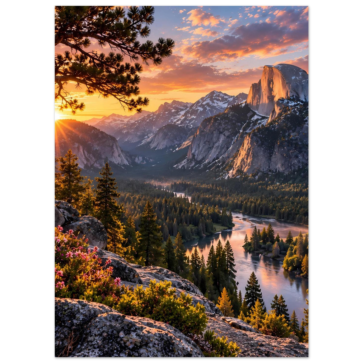 Poster mit Sonnenaufgang zwischen Bergen, Wald im Tal und Fluss, Blumen und Felsen vorn