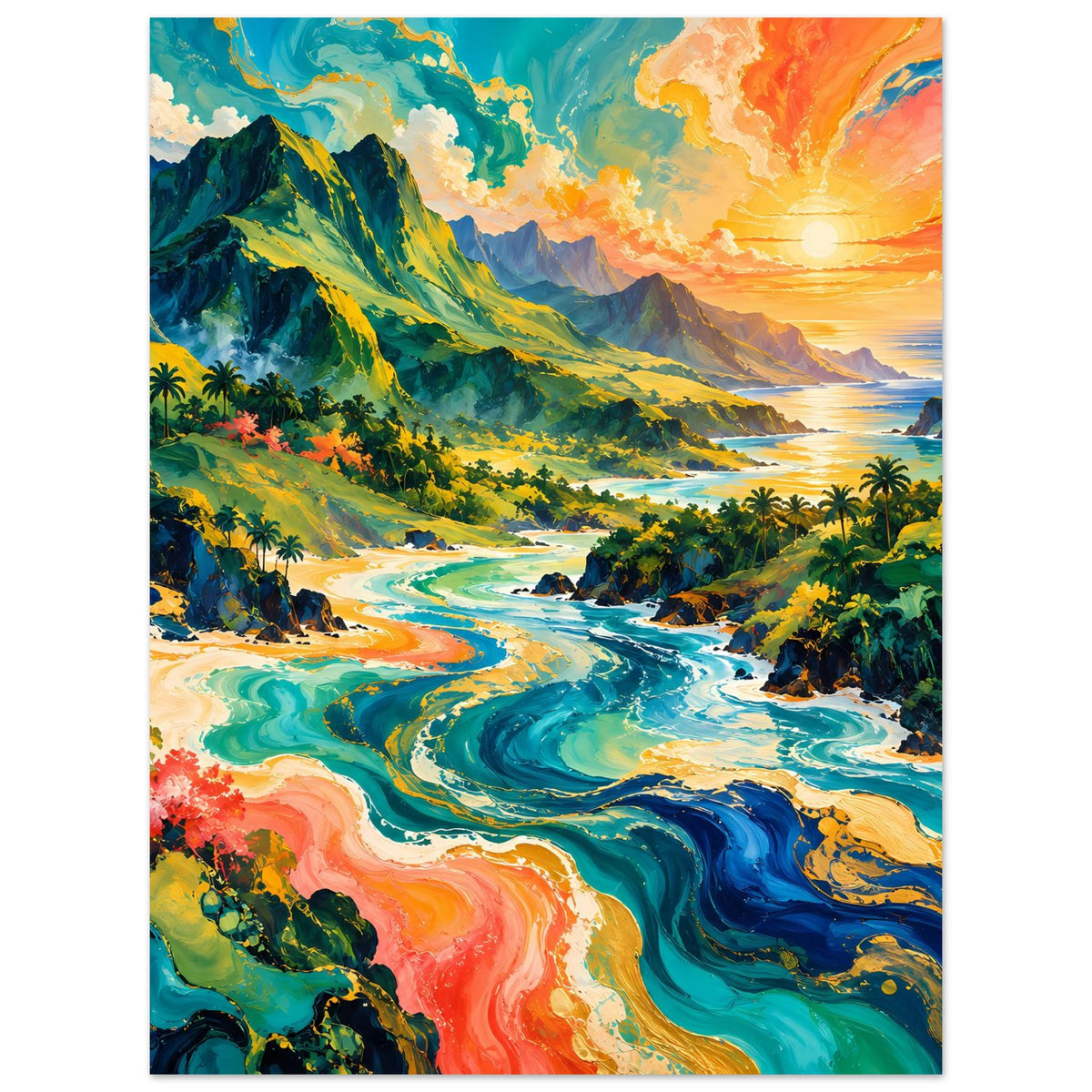 Tropisches Sonnenuntergangs-Poster, vertikal: Palmen, türkisblaues Wasser und warme Sonnenstrahlen