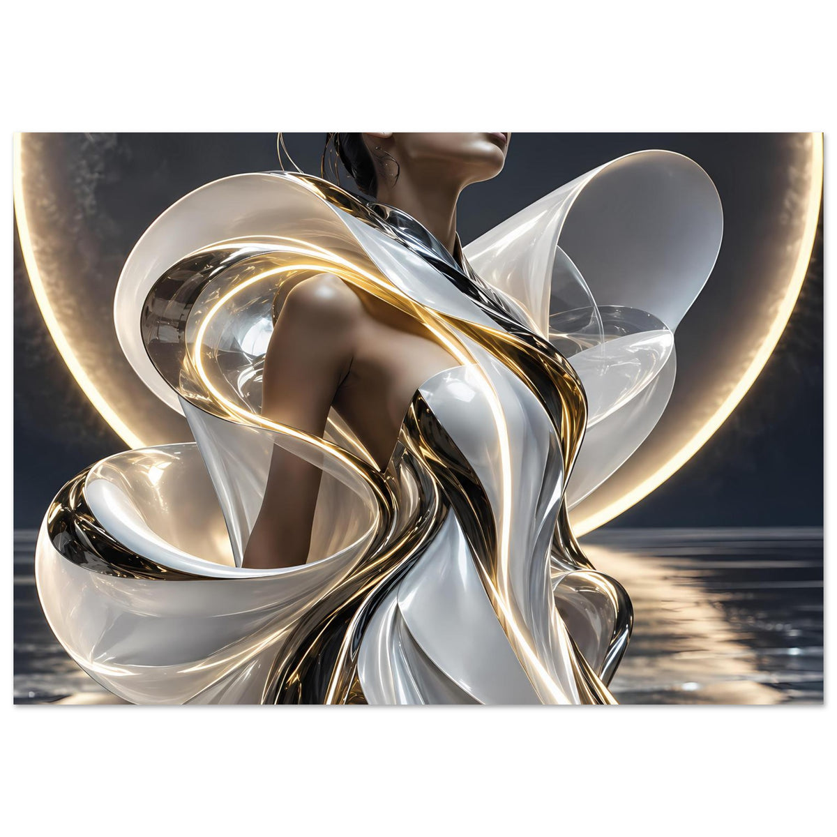 Abstraktes Poster: silber-goldene Metallwirbel und transparente Schleifen