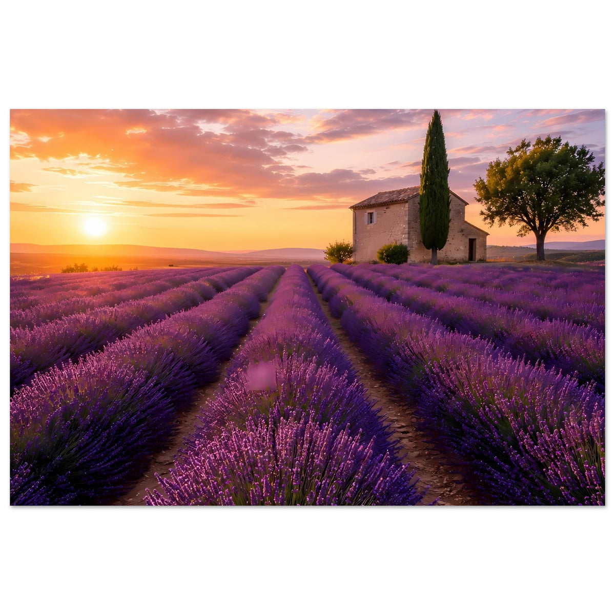 Querformat-Poster: violette Lavendelreihen, Sonnenuntergang, Haus und Baum rechts.