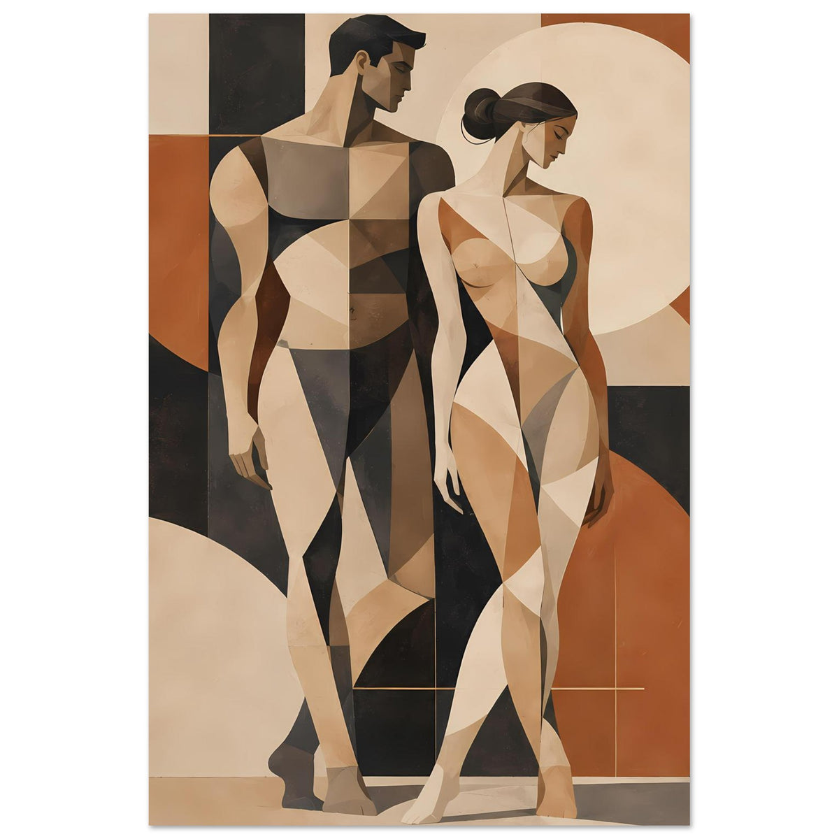 Kunstposter mit geometrischen Aktfiguren eines Paares in Erdtönen, Hochformat