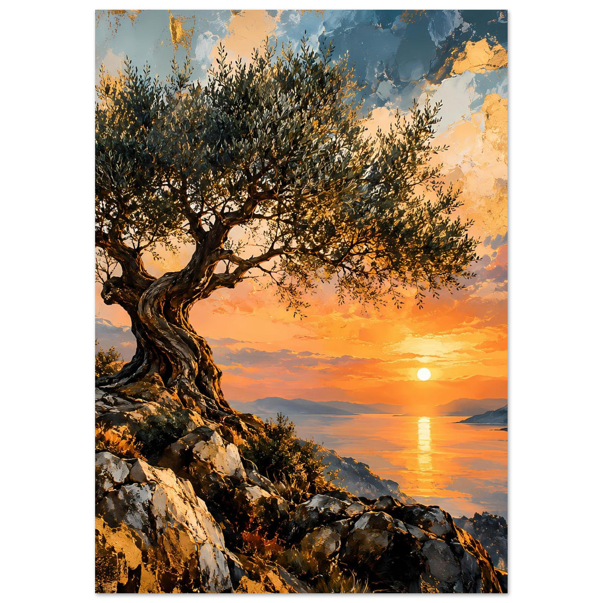 Poster: verzweigter Olivenbaum über Felsenkante mit Sonne und Lichtreflex