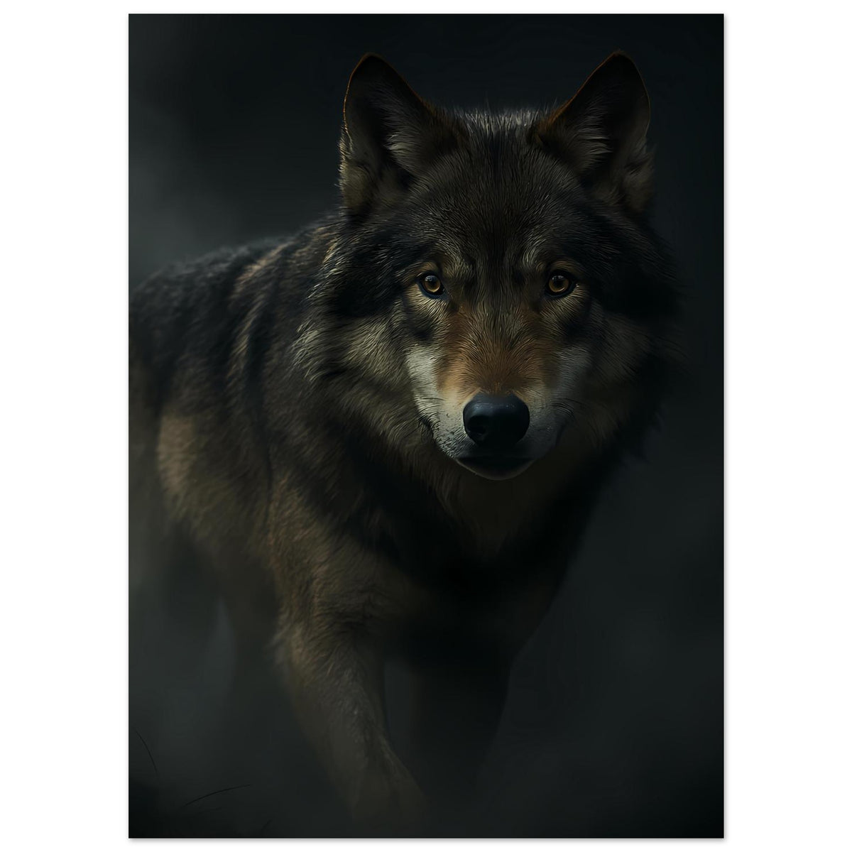 Wolfsposter im Hochformat: Wolf im Nahporträt, aufmerksame Ohren und gelbe Augen