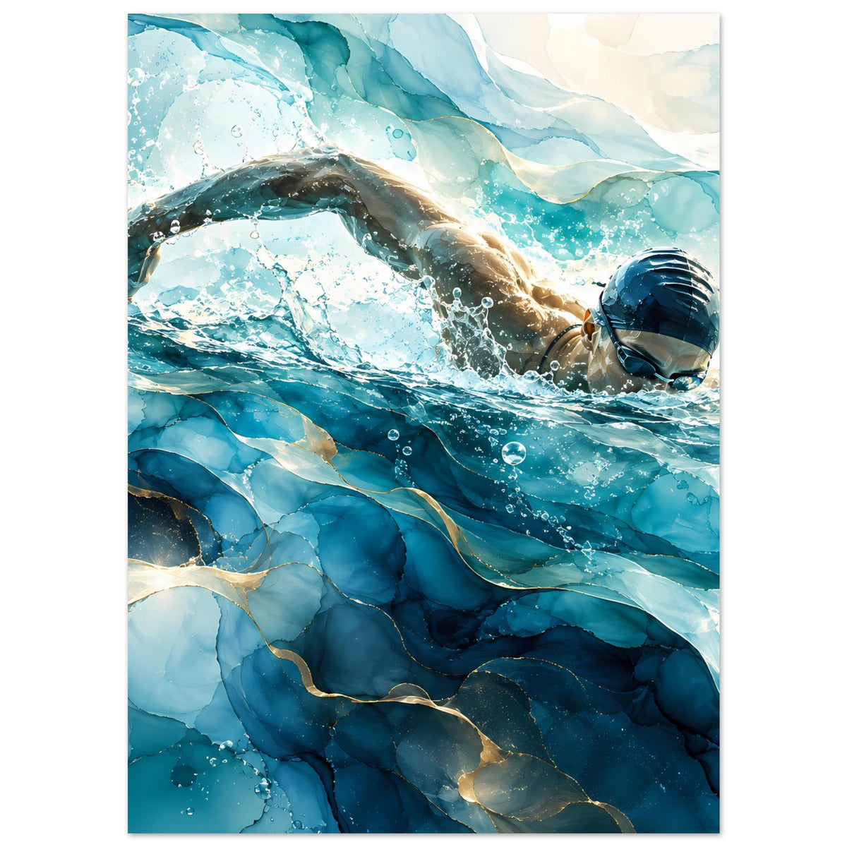Stehendes Poster mit Schwimmer im blauen Wasser, ausgestreckter Körper, Blasen und Spritzer