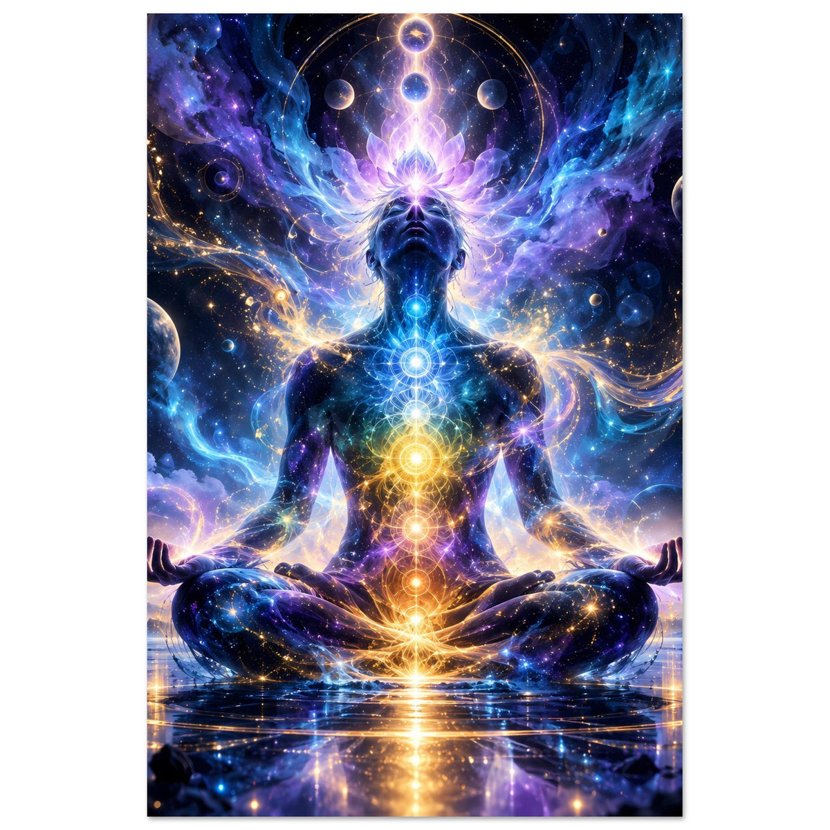 Spirituelles Poster im Hochformat: meditierende Gestalt mit violettem Kronen-Chakra