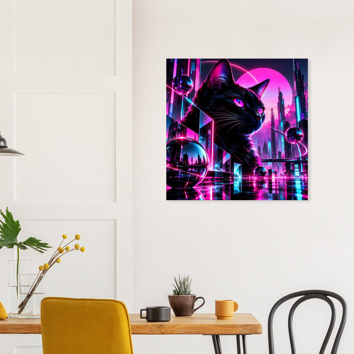 Poster mit schwarzer Katze, magenta Neon-City und funkelnden Lichteffekten