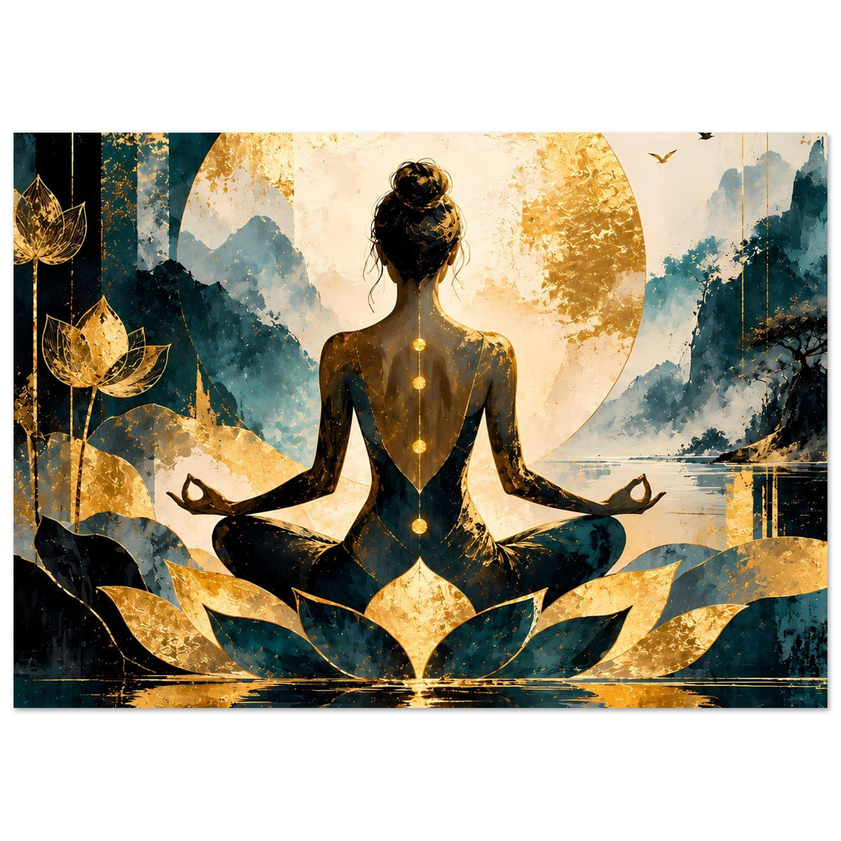 Meditatives Lotusposter im Querformat: betende Frau, goldener Kreis, Lotusblüten und Vögel