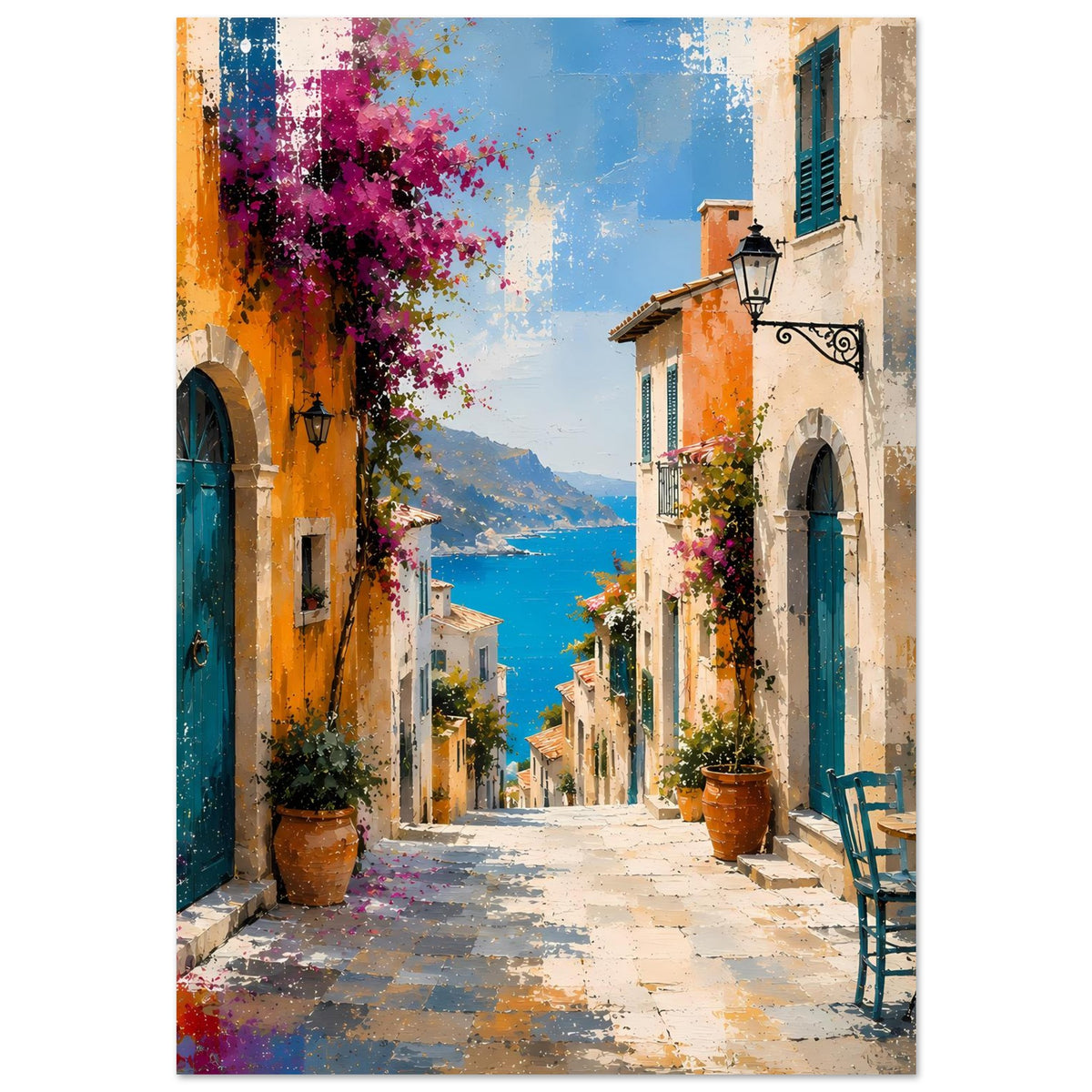 Mediterranes Gassen-Poster: farbige Fassaden, Fensterläden, Meer und Blumen im Hintergrund