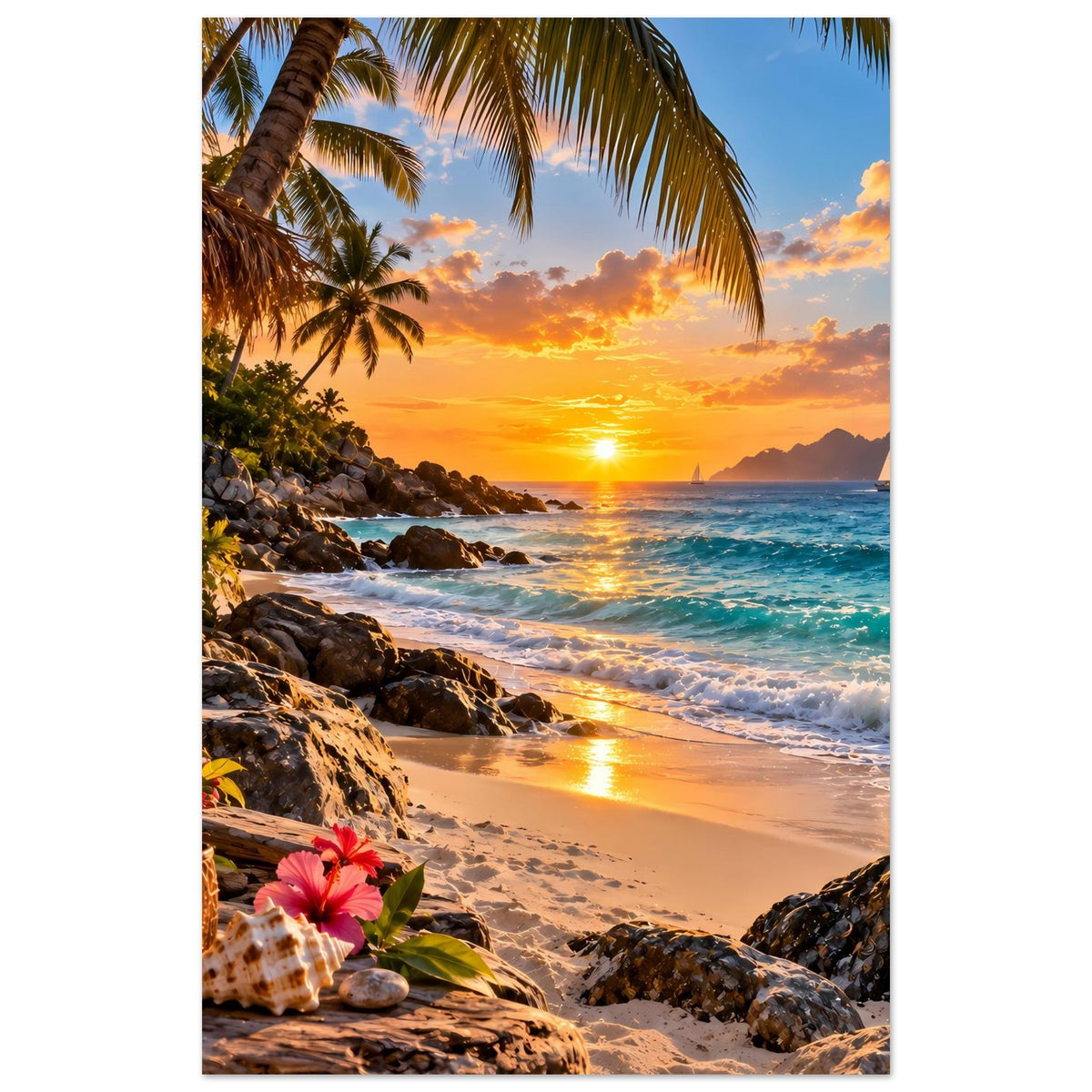 Hochformat-Strandposter mit Sonnenuntergang, Palmen, Sandstrand, Felsen und leuchtenden Wolken
