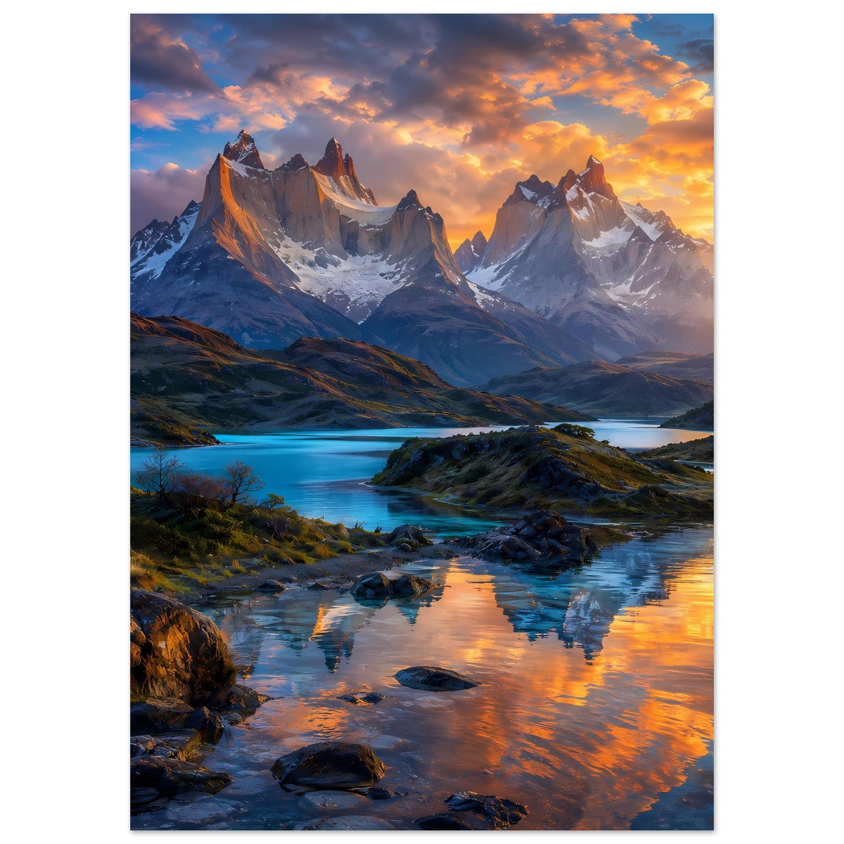 Poster mit Berglandschaft im Sonnenuntergang, schimmerndem Wasser und Felsen, vertikal