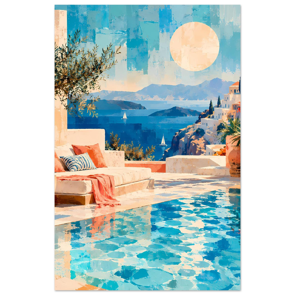 Kunstdruck mit Pool im Vordergrund, Liegestühlen, Olivenzweig, Küstenhäusern und Sonne